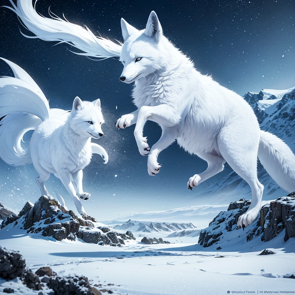 (best quality,ultra-detailed),arctic fox,deep snow,chases,mouse,quick movements,fluffy tail,sharp teeth,intense gaze,white fur,icy blue eyes,freezing wind,subzero temperatures,snow-covered landscape,northern lights,glowing moonlight,harsh winter,icy breath,pristine wilderness,playful jumps,paw prints in the snow,stealthy predator,escape maneuvers,elusive prey,hunting instincts,blizzard conditions,endless white expanse,icy silence,majestic hunter,graceful leaps,ferocious determination,seamless camouflage,cold environment,heart-pounding pursuit,inhospitable terrain.