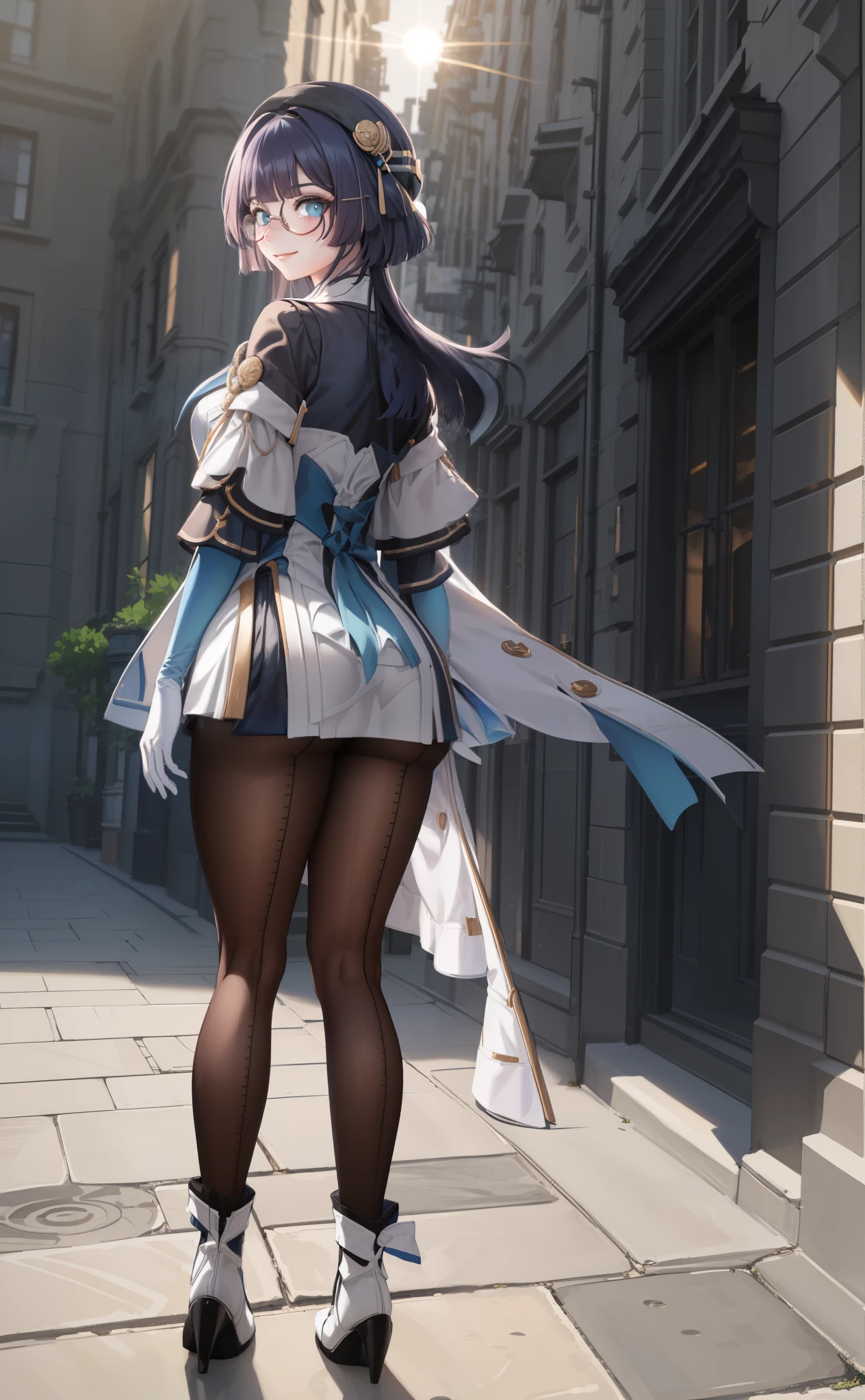 [pelaV4], ((masterpiece)), ((HD)), ((high res)), ((solo portrait)), ((back view)), ((lower-angle view)), ((ass focus)), ((beautiful render art)), ((anime)), ((detailed shading)), {woman; (cute blue eyes, short eyelashes, short blue hair, (curvy hips), (beautiful legs), (blushing), (cute smirk)}, {(knight uniform), (short white dress), (see-through pantyhose), (round glasses on face)}, {(standing), (looking back at viewer)}, [Background; (courtyard), (sunrise), (sun rays), (ambient lighting)]