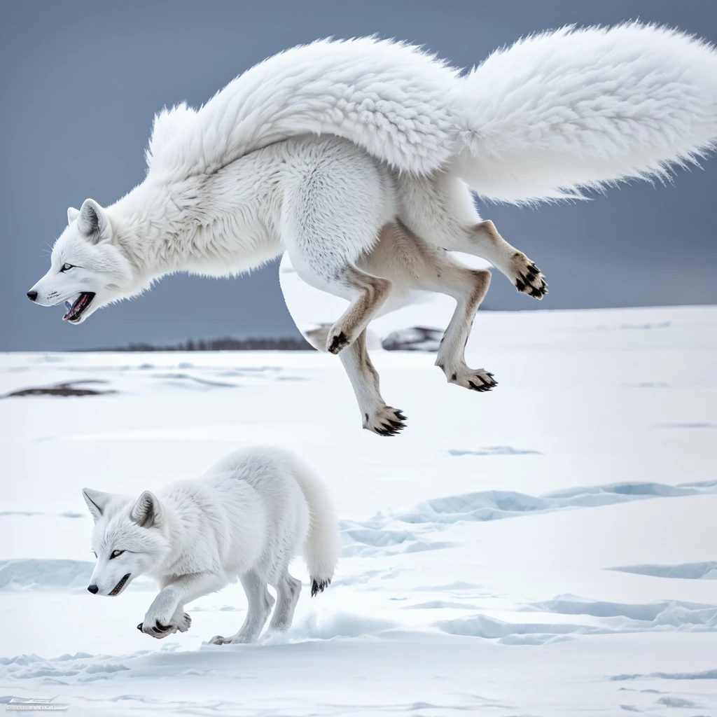 (best quality,ultra-detailed),arctic fox,deep snow,chases,mouse,quick movements,fluffy tail,sharp teeth,intense gaze,white fur,icy blue eyes,freezing wind,subzero temperatures,snow-covered landscape,northern lights,glowing moonlight,harsh winter,icy breath,pristine wilderness,playful jumps,paw prints in the snow,stealthy predator,escape maneuvers,elusive prey,hunting instincts,blizzard conditions,endless white expanse,icy silence,majestic hunter,graceful leaps,ferocious determination,seamless camouflage,cold environment,heart-pounding pursuit,inhospitable terrain.