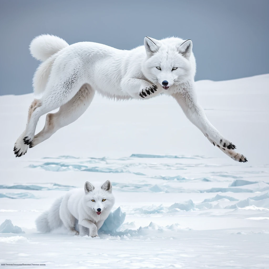 (best quality,ultra-detailed),arctic fox,deep snow,chases,mouse,quick movements,fluffy tail,sharp teeth,intense gaze,white fur,icy blue eyes,freezing wind,subzero temperatures,snow-covered landscape,northern lights,glowing moonlight,harsh winter,icy breath,pristine wilderness,playful jumps,paw prints in the snow,stealthy predator,escape maneuvers,elusive prey,hunting instincts,blizzard conditions,endless white expanse,icy silence,majestic hunter,graceful leaps,ferocious determination,seamless camouflage,cold environment,heart-pounding pursuit,inhospitable terrain.