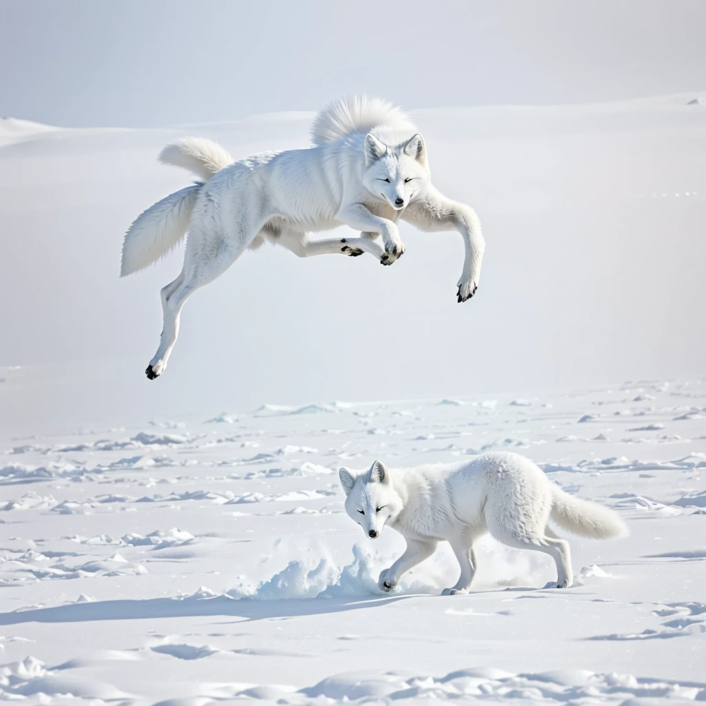 (best quality,ultra-detailed),arctic fox,deep snow,chases,mouse,quick movements,fluffy tail,sharp teeth,intense gaze,white fur,icy blue eyes,freezing wind,subzero temperatures,snow-covered landscape,northern lights,glowing moonlight,harsh winter,icy breath,pristine wilderness,playful jumps,paw prints in the snow,stealthy predator,escape maneuvers,elusive prey,hunting instincts,blizzard conditions,endless white expanse,icy silence,majestic hunter,graceful leaps,ferocious determination,seamless camouflage,cold environment,heart-pounding pursuit,inhospitable terrain.