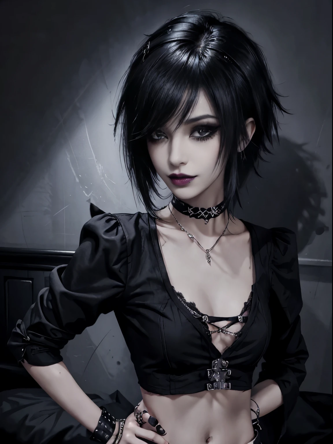 1girl, woman, emo_hairstyle, black lipstick, smug, grin, hands on hip, choker, spike cuffs, eyeliner, eye shadow, mascara, smoky eyes, black lips, bedroom, realistic lighting