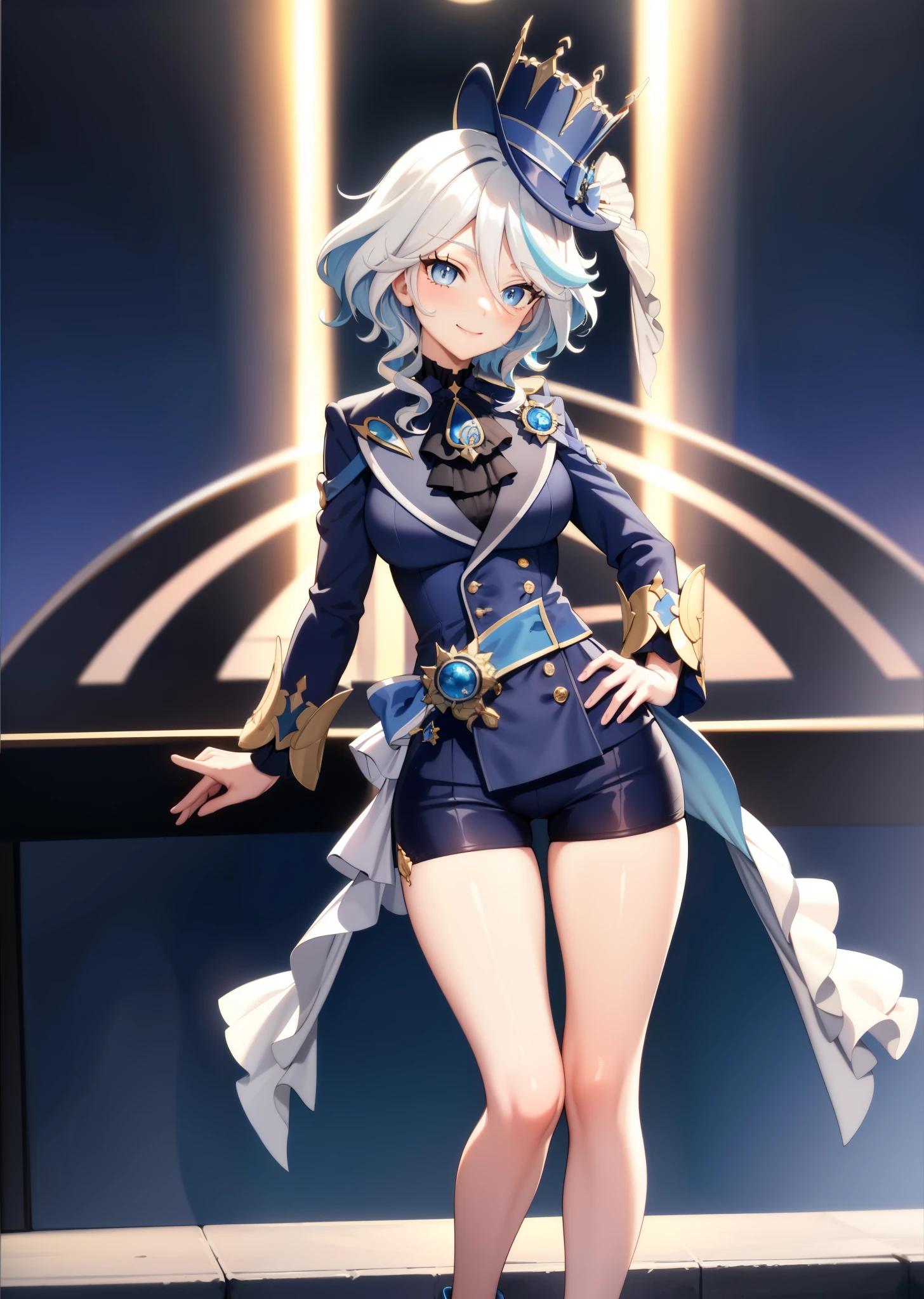 [furina], ((masterpiece)), ((HD)), ((high res)), ((solo portrait)), ((waist-up)), ((front view)), ((beautiful render art)), ((anime)), ((detailed shading)), {(attractive), (slim figure), (curly white hair), (blue highlights in hair), (cute blue eyes), (heterochromia), (long eyelashes), short eyelashes, short blue hair, (curvy hips), (detailed legs), (beautiful legs), (blushing), (cute smile)}, {(classy blue outfit), (blue shorts), (hydro vision on hip), (tophat)}, {(standing), (looking at viewer)}, [Background; (opera house), (stage), (sunrise), (sun rays), (ambient lighting)]