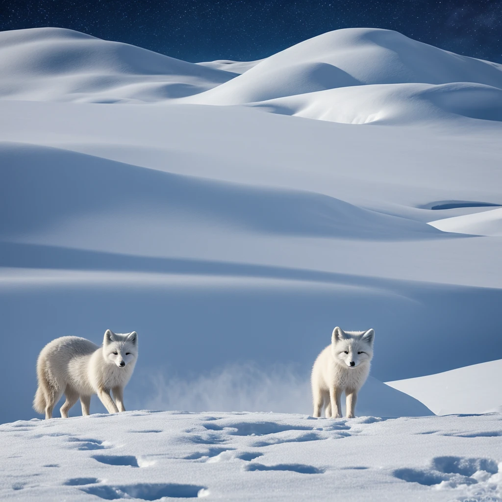 (best quality,ultra-detailed),arctic fox,deep snow,chases,mouse,quick movements,fluffy tail,sharp teeth,intense gaze,white fur,icy blue eyes,freezing wind,subzero temperatures,snow-covered landscape,northern lights,glowing moonlight,harsh winter,icy breath,pristine wilderness,playful jumps,paw prints in the snow,stealthy predator,escape maneuvers,elusive prey,hunting instincts,blizzard conditions,endless white expanse,icy silence,majestic hunter,graceful leaps,ferocious determination,seamless camouflage,cold environment,heart-pounding pursuit,inhospitable terrain.
