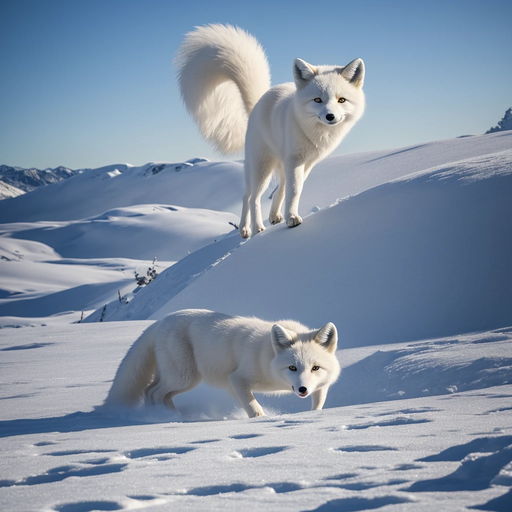 (best quality,ultra-detailed),arctic fox,deep snow,chases,mouse,quick movements,fluffy tail,sharp teeth,intense gaze,white fur,icy blue eyes,freezing wind,subzero temperatures,snow-covered landscape,northern lights,glowing moonlight,harsh winter,icy breath,pristine wilderness,playful jumps,paw prints in the snow,stealthy predator,escape maneuvers,elusive prey,hunting instincts,blizzard conditions,endless white expanse,icy silence,majestic hunter,graceful leaps,ferocious determination,seamless camouflage,cold environment,heart-pounding pursuit,inhospitable terrain.