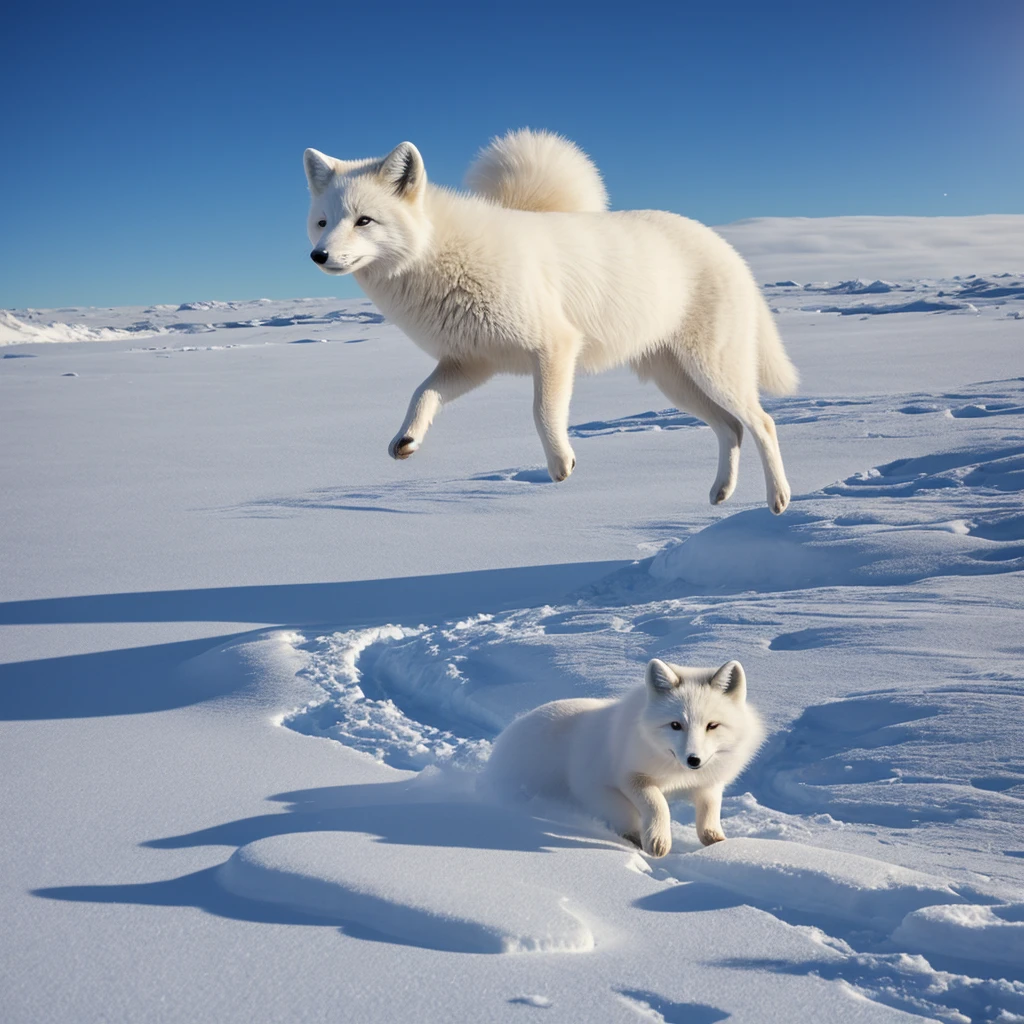 (best quality,ultra-detailed),arctic fox,deep snow,chases,mouse,quick movements,fluffy tail,sharp teeth,intense gaze,white fur,icy blue eyes,freezing wind,subzero temperatures,snow-covered landscape,northern lights,glowing moonlight,harsh winter,icy breath,pristine wilderness,playful jumps,paw prints in the snow,stealthy predator,escape maneuvers,elusive prey,hunting instincts,blizzard conditions,endless white expanse,icy silence,majestic hunter,graceful leaps,ferocious determination,seamless camouflage,cold environment,heart-pounding pursuit,inhospitable terrain.