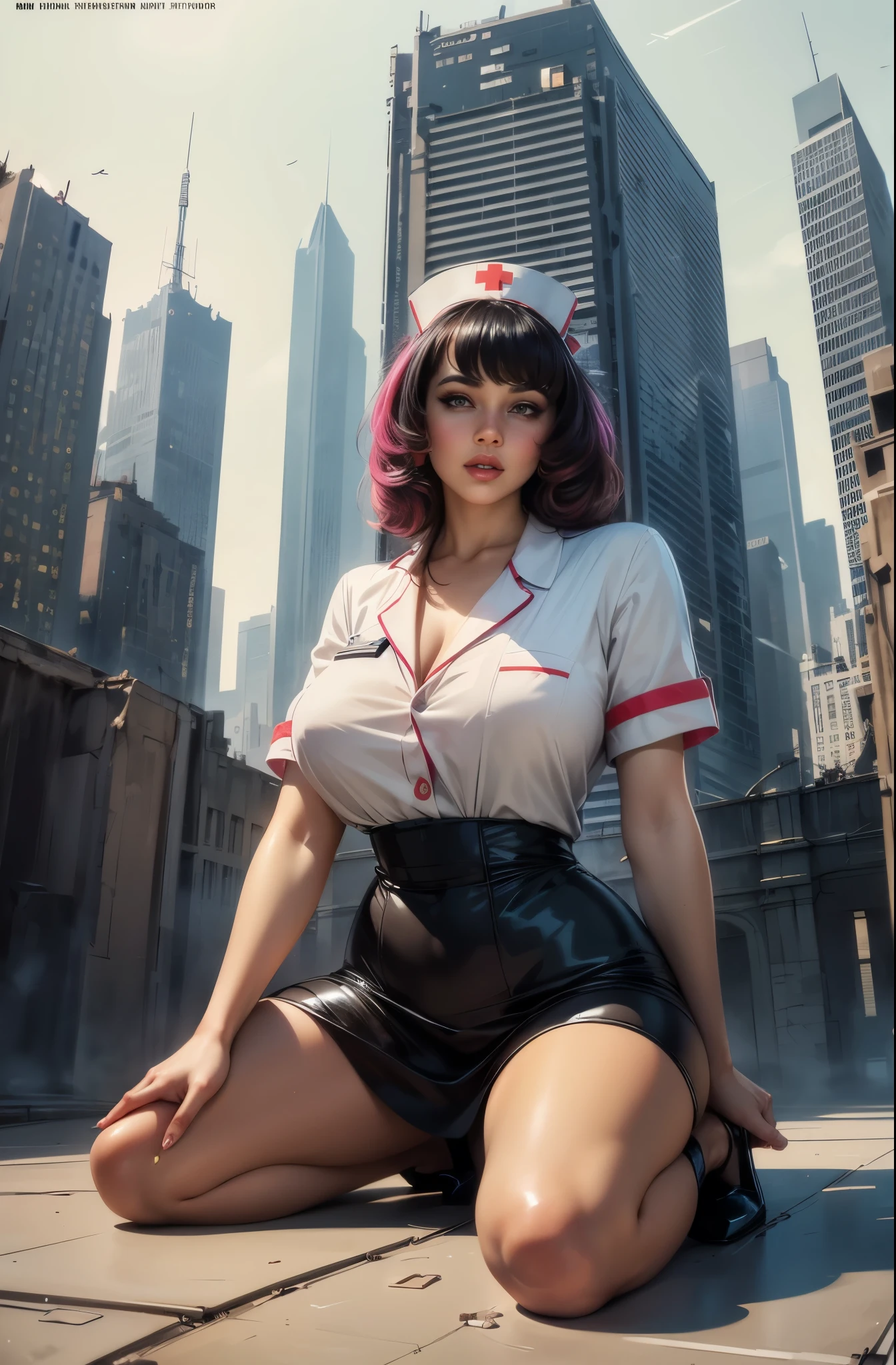 (Masterpiece, Best Quality), 8k Wallpaper, highly detailed, poster, vintage sci-fi film, 1960s, a magazine cover with sexy giant nurse towering over a tiny city, a portrait by Paul Kane, cinematic movie poster, perfect face, colorful hair, Attack of the 50 foot woman, giant woman, tiny city, lines, abstract, mid century modern, movie poster, vintage, white nurse uniform, stiletto high heel shoes, tiny destroyed skyscrapers city, retrofuturism, pulp sci fi, pulp sci-fi, 60's pulp illustration, scifi pulp, pulp book cover art, pulp scifi, old retro pulp comic cover, pulp science fiction, pulp scifi illustration, vintage scifi, skyscrapers sized under her knee