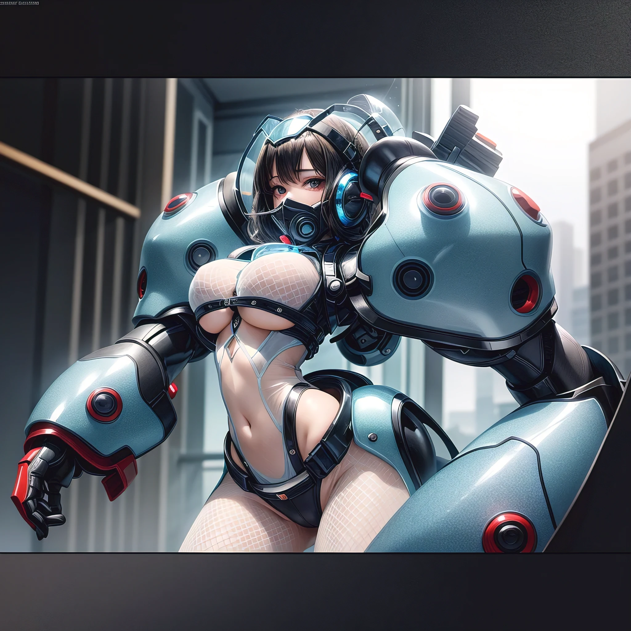 (masterpiece, best quality, photorealistic, ultra-detailed:1.2), perfect body, large breasts, wide hips, wavy hair, big gorgeous eyes, luscious full lips, parted lips, dangerous allure, sexy mech armor by vivienne westwood, (see through, transparent armor:1.3), metro city, anime realism by artgerm and ayami kojima and donato giancola