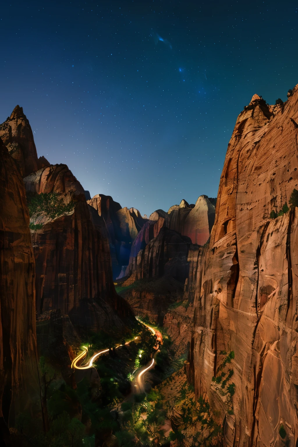 arafed view of a winding road in the mountains at night, vector-style illustration of Zion National Park, scenic view at night, night, nighttime foreground, canyon background, 8k realistic, canyons, nighttime nature landscape, an amazing landscape image, long exposure 8k, rim lights wlop, nighttime photography, stars in sky