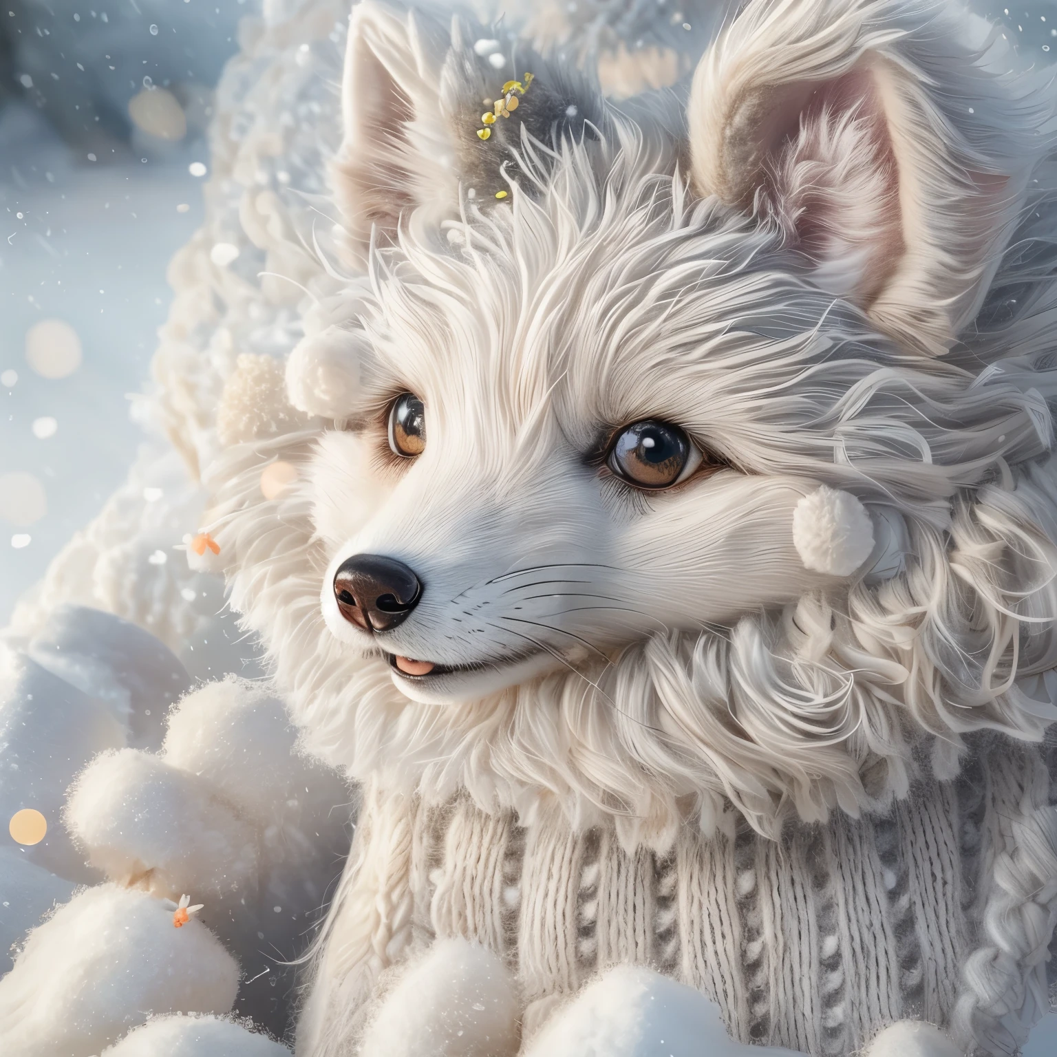 (La best quality,high resolution,super detailed,actual),Cute knitted arctic fox，in the snow，smiley face，（（A masterpiece full of fantasy elements）））， （（best quality））， （（intricate details））（8k）