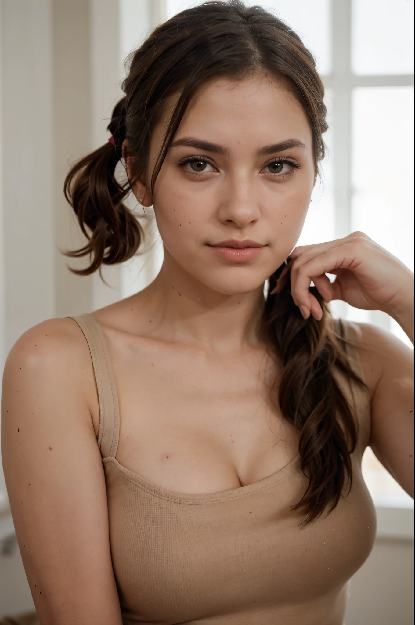 ((La mejor calidad)), ((Obra maestra)), (Detallado), Cara perfecta
Foto,8k,sharp focus,beautiful woman,cerrar,camiseta,(ojos detallados:0.8),(Looking at the camera:1.4),(highest qualityr),(La mejor sombra de ojos),brown eyes,Rim Lighting,two tone lighting,Poca luz,discreto,Detalles intrincados,interior,Ponytails,cabello de jengibre:1.3,boca abierta:0.7,Pecas