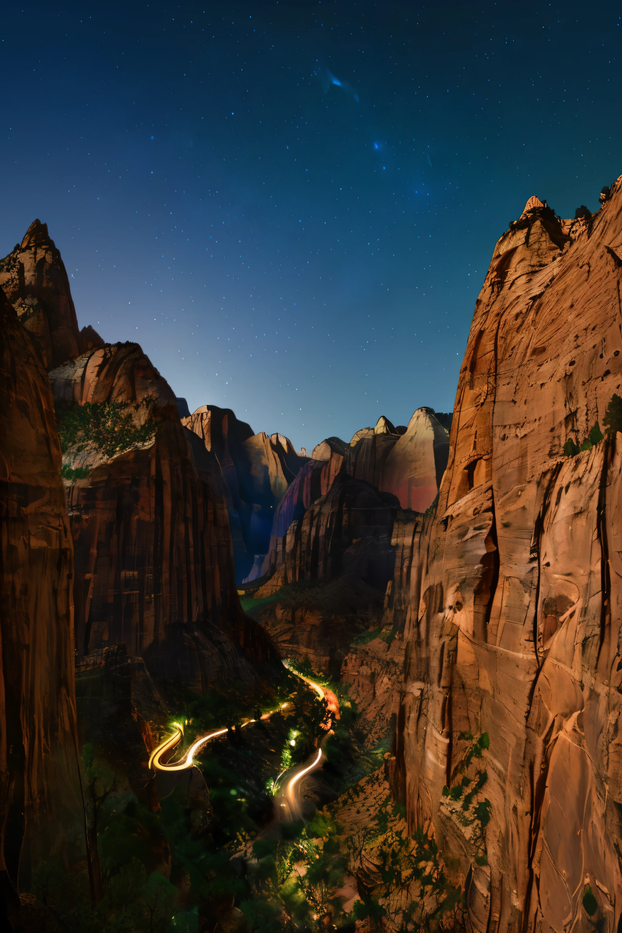 arafed view of a winding road in the mountains at night, vector-style illustration of Zion National Park, scenic view at night, night, nighttime foreground, canyon background, 8k realistic, canyons, nighttime nature landscape, an amazing landscape image, long exposure 8k, rim lights wlop, nighttime photography, stars in sky