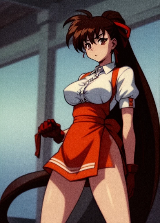 takeuyuka long hair with ponytail, short red skirt for waitress, gril, Brown hair, you gonna get raped, height 163cm, E cup, White short sleeve blouse, orange apron, red ribbon in the ponytail, red half-length punk glove, rape, cum, bukake, naked, unclothed, tentacles,
