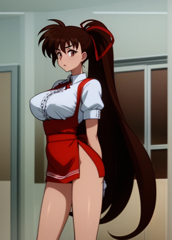 takeuyuka long hair with ponytail, short red skirt for waitress, gril, Brown hair, you gonna get raped, height 163cm, E cup, White short sleeve blouse, orange apron, red ribbon in the ponytail, red half-length punk glove, rape, cum, bukake, naked, unclothed, tentacles,