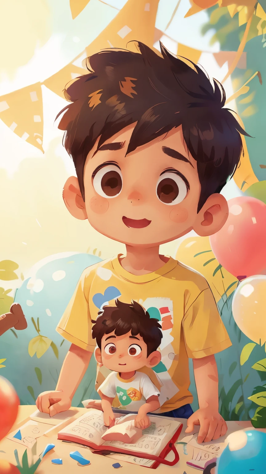 A boy 1st boy name is "Tanuj" on T-shirt and 2nd boy name is "Talli" on T-shirt,zoo, many balloons, happy, happy, perfect quality, clear focus (clutter - home: 0.8), (masterpiece: 1.2) (realistic: 1.2) (bokeh) (best quality) (detailed skin: 1.3) (intricate details) (8K) (detail eyes) (sharp focus), (happy)