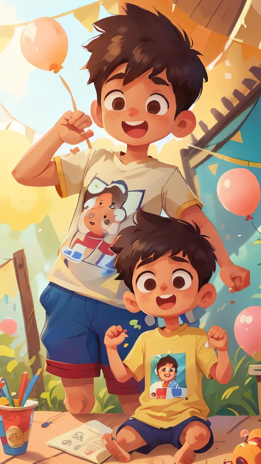 A boy 1st boy name is "Tanuj" on T-shirt and 2nd boy name is "Talli" on T-shirt,zoo, many balloons, happy, happy, perfect quality, clear focus (clutter - home: 0.8), (masterpiece: 1.2) (realistic: 1.2) (bokeh) (best quality) (detailed skin: 1.3) (intricate details) (8K) (detail eyes) (sharp focus), (happy)