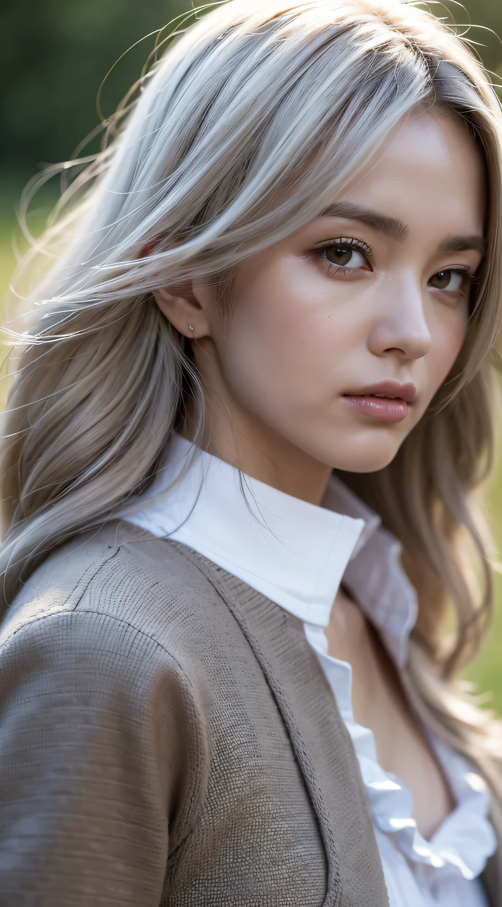 (photo actual:1.4), (hyper actual:1.4), (actual:1.3), (Smoother lighting:1.05), (Improve film lighting quality:0.9), 32k, 1 girl, 19 year old girl,(Right face), (look to the right), charming eyes look , Pale complexion,Height 172 cm, Bust 34D, ((long gray shaggy hair )),actual soft lighting, backlight, There is light on the face, Ray tracing, (bright light:1.2), (quality improvement:1.4), (The best quality real skin texture:1.4), delicate eyes, Delicate face, good quality (gray eyes), (Tired, sleepy and satisfied:1.0), mean face, face close-up, tartan clothing , (Increase body line emotions:1.1), (Increase the beauty of skin texture:1.1), A woman is standing in the field, Italian version《Fashion》