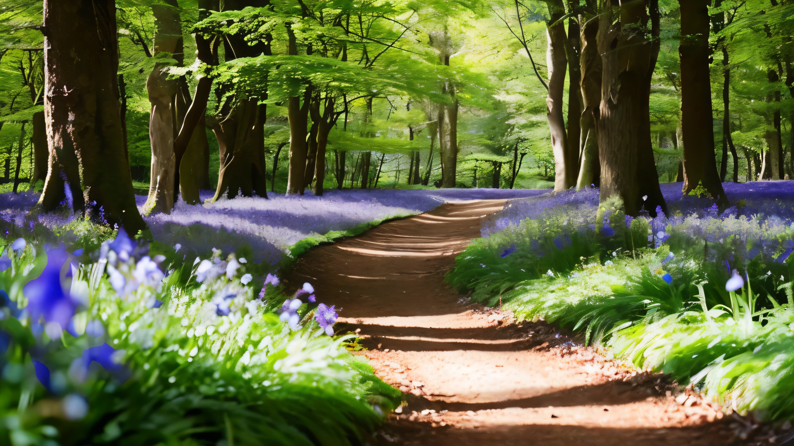 The path winds through a forest covered in blue bells., Create a magical atmosphere.