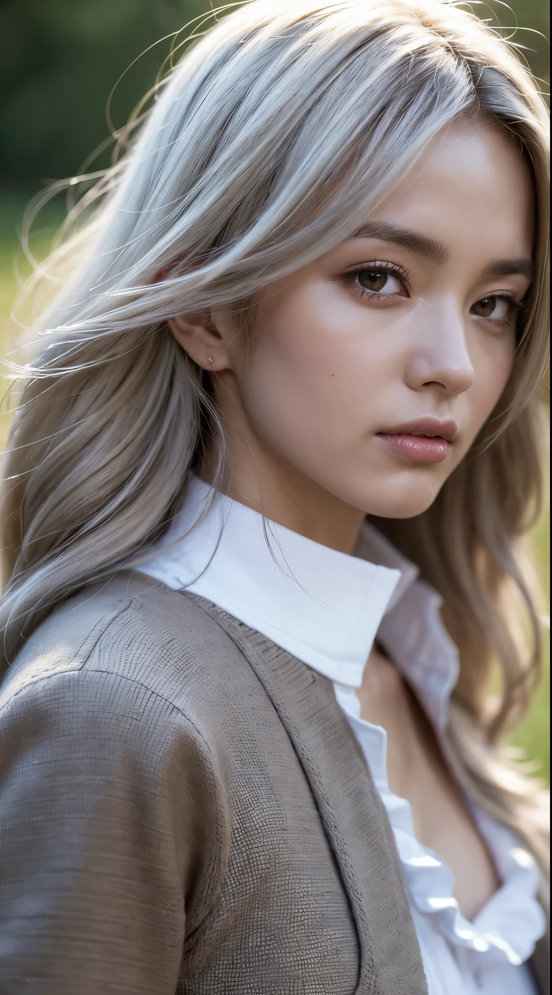 (photo realistic:1.4), (hyper realistic:1.4), (realistic:1.3), (smoother lighting:1.05), (increase cinematic lighting quality:0.9), 32K, 1girl, 19 year old girl,(right face), (look right), attractive eyes look , pale skin color,172 cm tall, chest size 34D, ((long ash white fluffy hair )),realistic soft lighting, backlighting, light on face, ray trace, (brightening light:1.2), (Increase quality:1.4), (best quality real texture skin:1.4), finely detailed eyes, finely detailed face, finely quality (gray eyes), (tired and sleepy and satisfied:1.0), mean face, face closeup, tartan clothing , (Increase body line mood:1.1), (Increase skin texture beauty:1.1), There is a woman standing in the field, Italian version《Vogue》