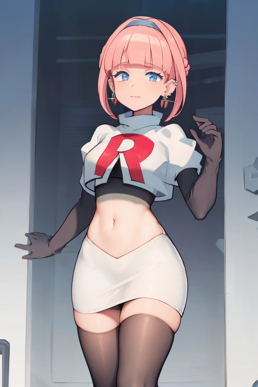 (extremely detailed CG), (best quality), perfect face, shiny skin, lustrous skin, 1girl,solo   narrow waist,  wide hips, mollie, pink hair, bangs, blunt bangs, earrings, jewelry, blue eyes, short hair, piercing,ear piercing, hairband,team rocket,team rocket uniform,white skirt,red letter R,crop top,black thigh-highs,black elbow gloves,