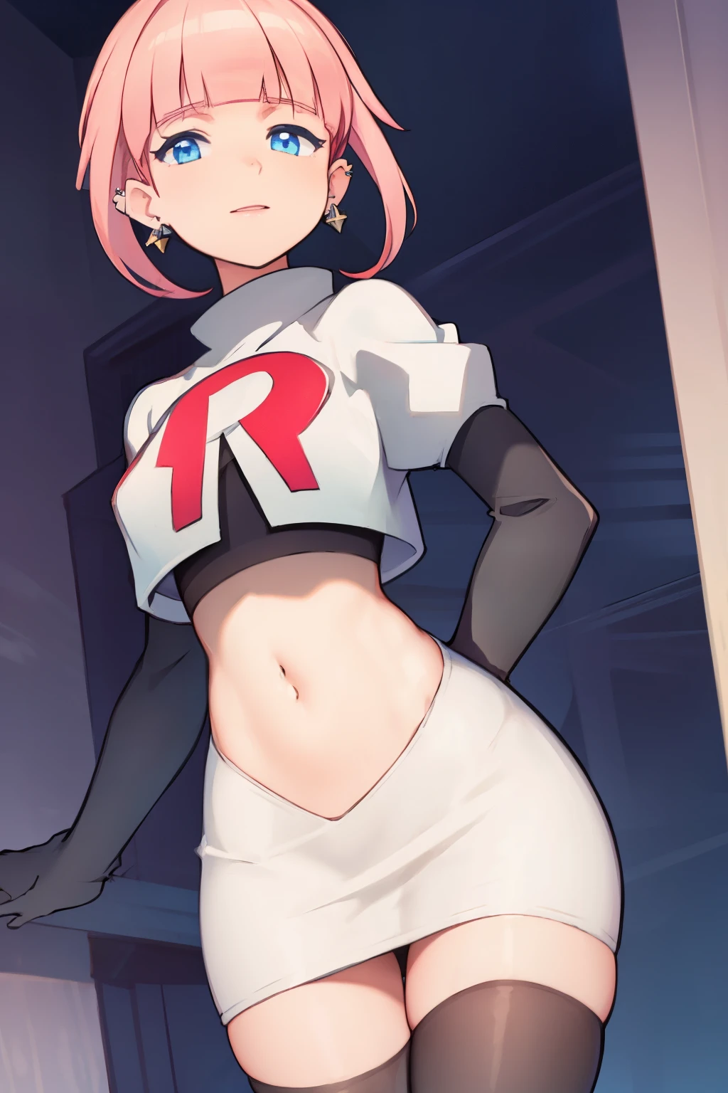 (extremely detailed CG), (best quality), perfect face, shiny skin, lustrous skin, 1girl,solo   narrow waist,  wide hips, mollie, pink hair, bangs, blunt bangs, earrings, jewelry, blue eyes, short hair, piercing,ear piercing, hairband,team rocket,team rocket uniform,white skirt,red letter R,crop top,black thigh-highs,black elbow gloves,