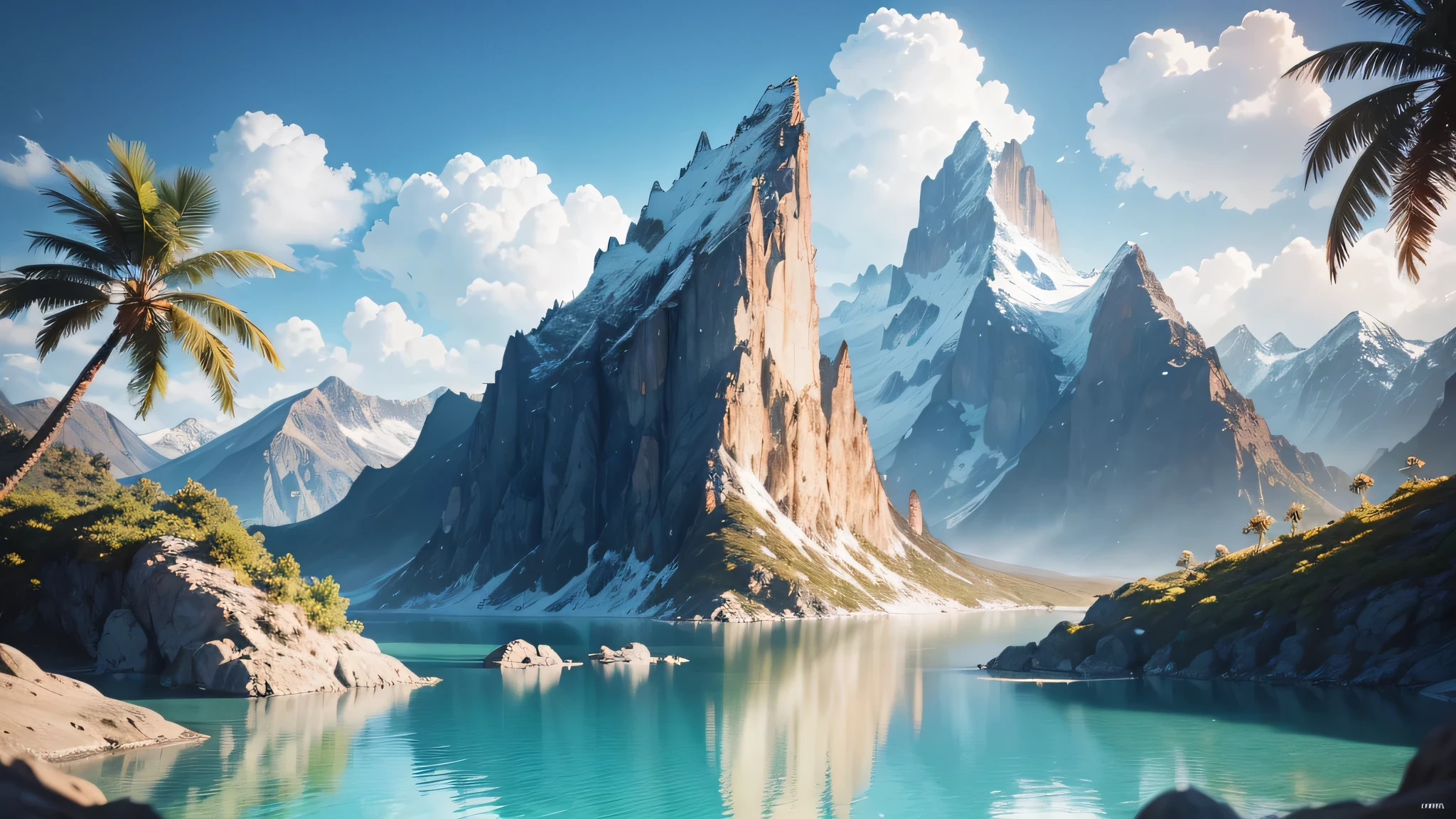 (best quality,4k,8k,high resolution,masterpiece:1.2),Super detailed,(actual,photoactual,photo-actual:1.37),clear water,The water gradually turns blue,clear water,island,Palm tree,Heaven,vast clouds,blue sky,muggy weather,HD details,super detailed,Surrealism,soft light,Deep scene,Bokeh,Distant snow mountain scenery,Ray tracing,and Surrealism