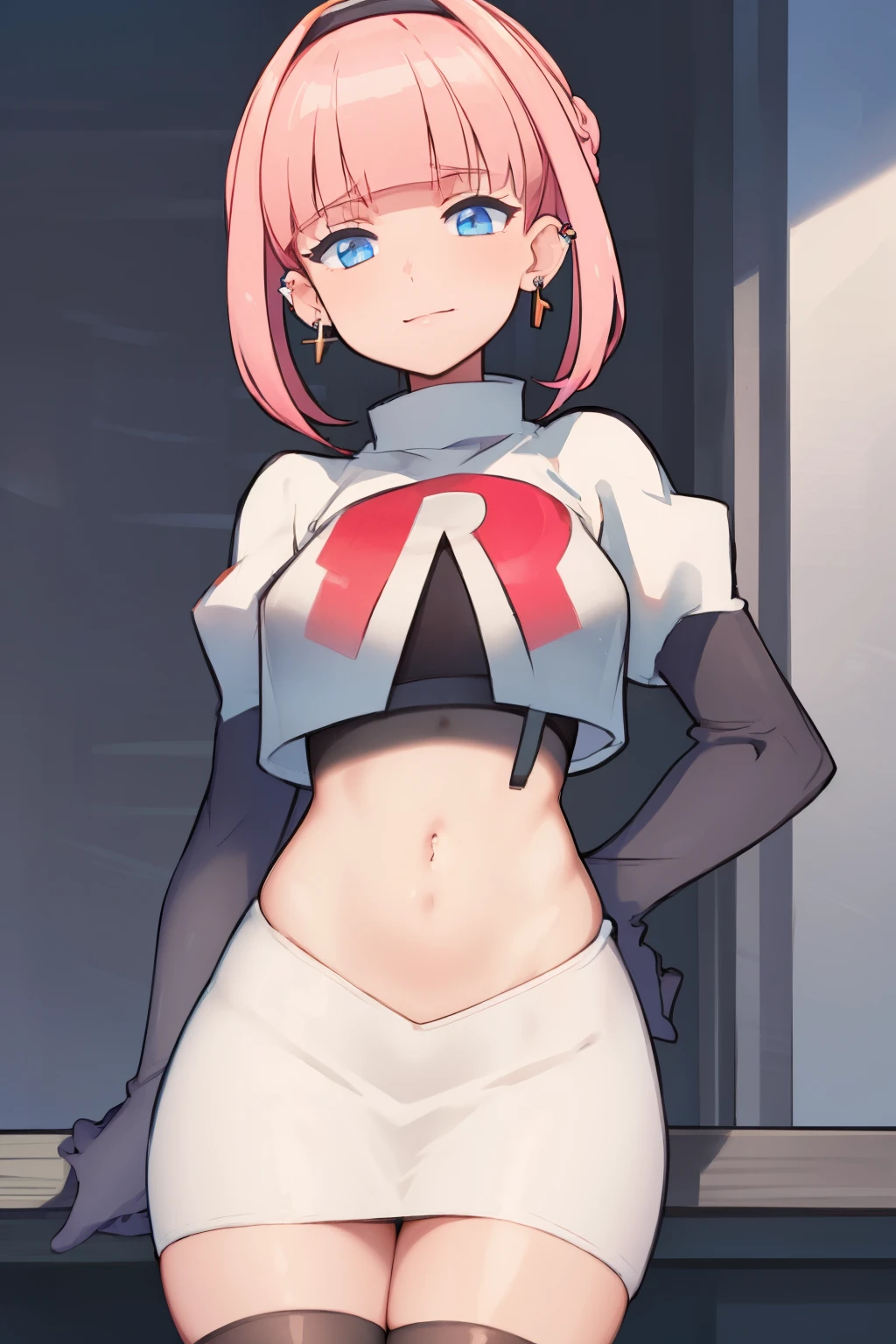 (extremely detailed CG), (best quality), perfect face, shiny skin, lustrous skin, 1girl,solo   narrow waist,  wide hips, mollie, pink hair, bangs, blunt bangs, earrings, jewelry, blue eyes, short hair, piercing,ear piercing, hairband,team rocket,team rocket uniform,white skirt,red letter R,crop top,black thigh-highs,black elbow gloves,