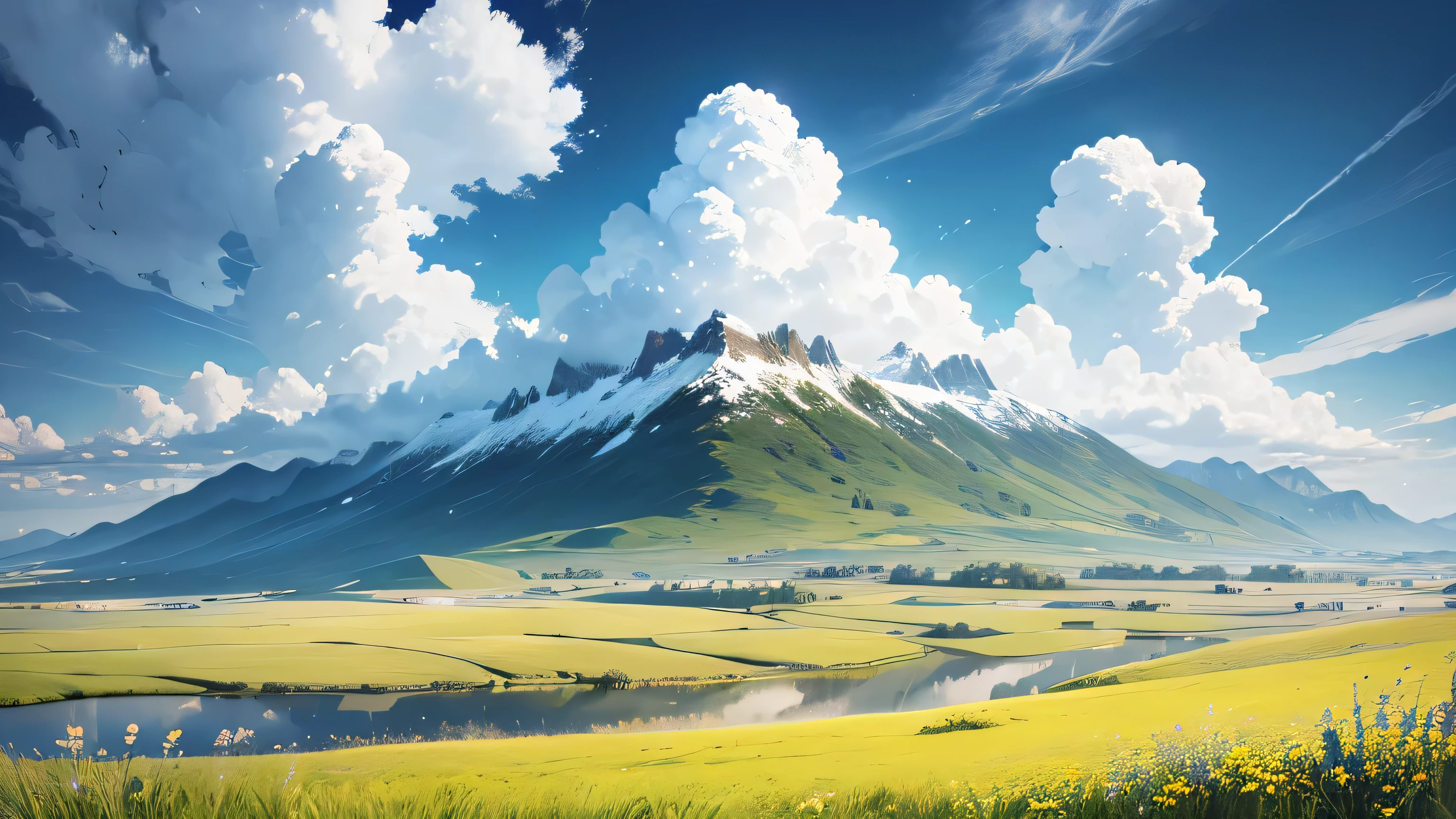 summer,grassland,Heaven,Then,blue sky、Hot weather、HD details、super detailed、、Surrealism、soft light、Deep field focus bokeh、The vista is snow-capped mountains,Ray tracing、和Surrealism。 - 6 o'clock'bell