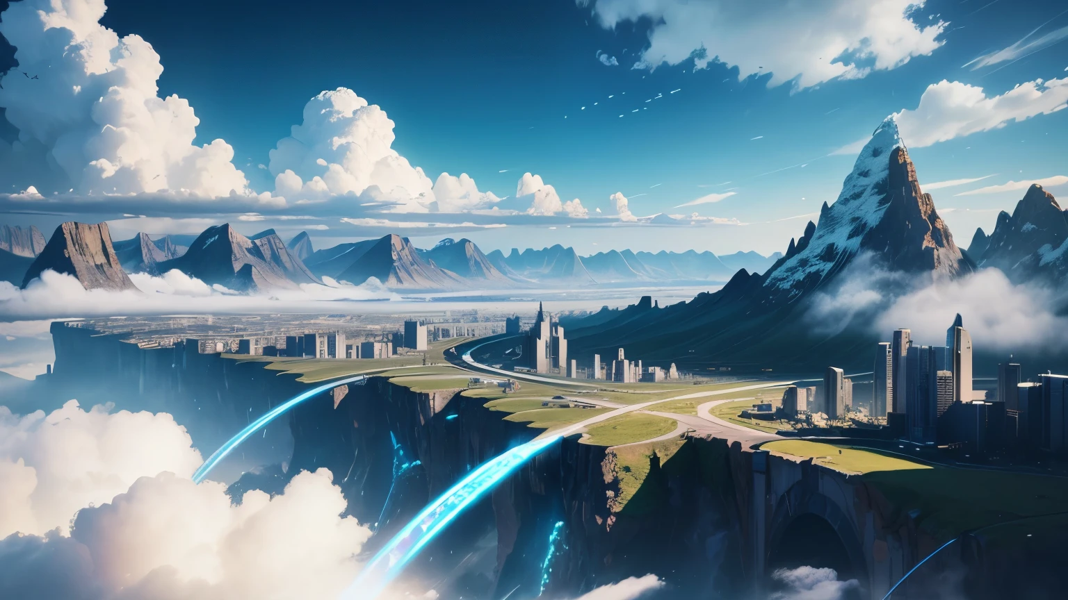 cyberpunk,There are old airplanes,summer,grassland,Heaven,Large clouds,blue sky、Hot weather、HD details、Ultra-detailed、、Surrealism、soft light、Deep field focus bokeh、The vista is snow-capped mountains,Ray tracing、和Surrealism。 --v 6