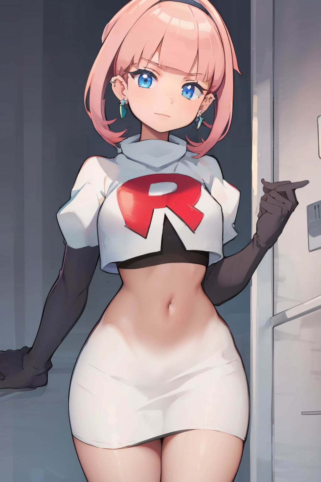 (extremely detailed CG), (best quality), perfect face, shiny skin, lustrous skin, 1girl,solo narrow waist, wide hips, mollie, pink hair, bangs, blunt bangs, earrings, jewelry, blue eyes, short hair, piercing,ear piercing, hairband,team rocket,team rocket uniform,white skirt,red letter R,crop top,black thigh-highs,black elbow gloves,