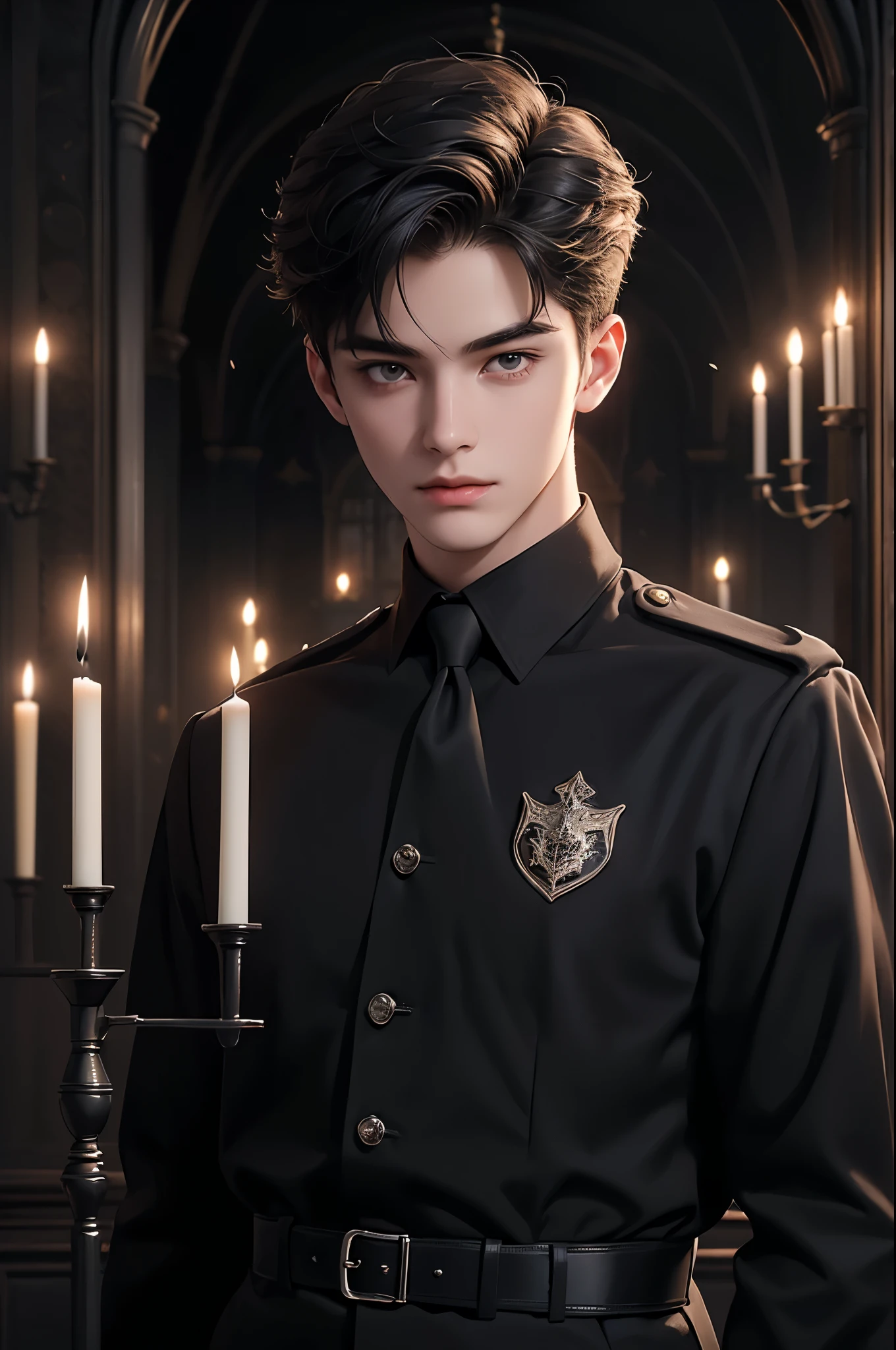 ((Best quality)), ((masterpiece)), (detailed), ((perfect face)), ((halfbody)) perfect proportions ,He is a handsome student, 18 years old, short hair, topless in uniform, there is a background of a school gothic room with lit candles, gnostic vibe ((perfect face))