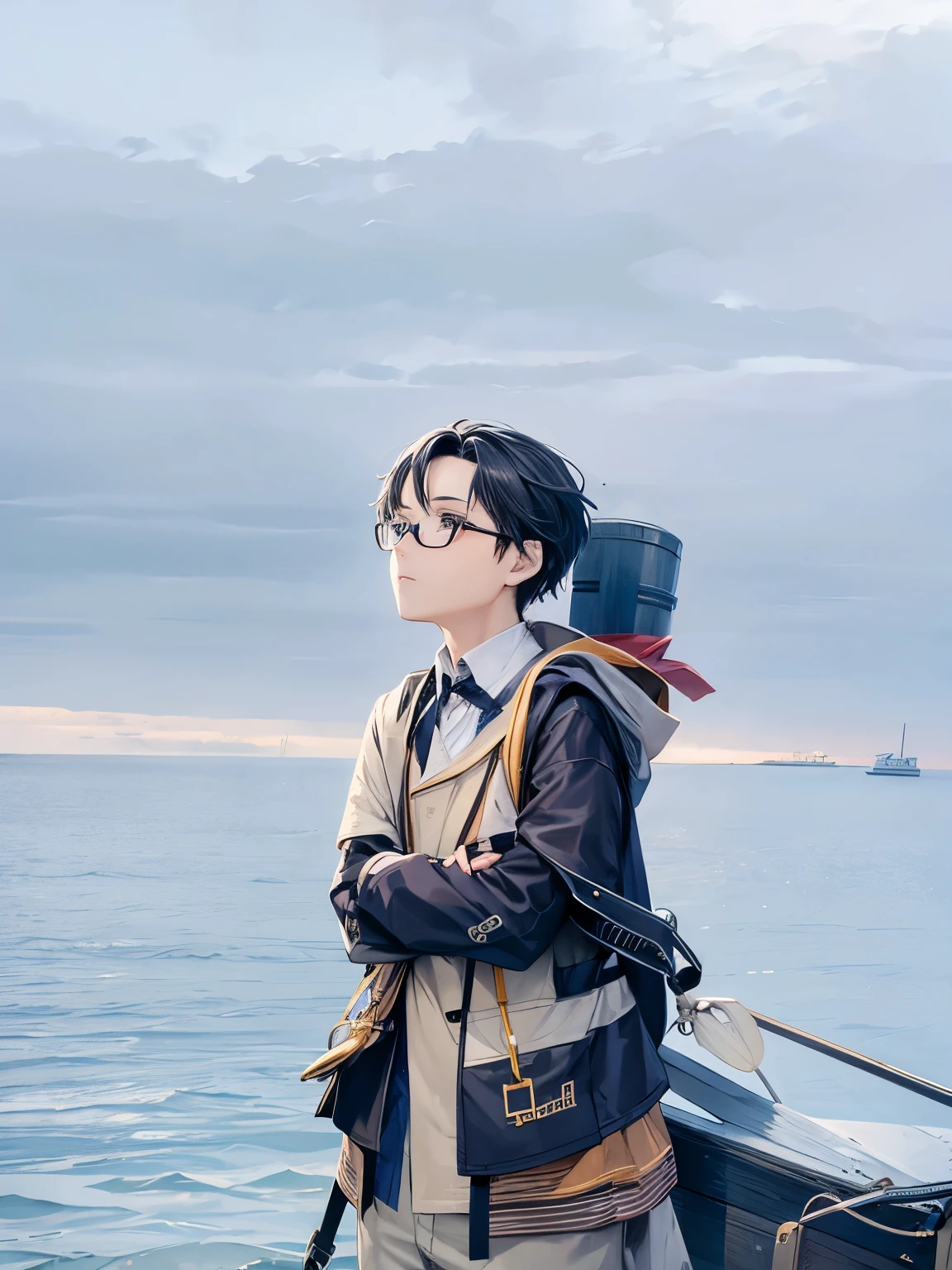 Boy with glasses on the sea boat, deep in thought in the distance, sideways ,Miss you