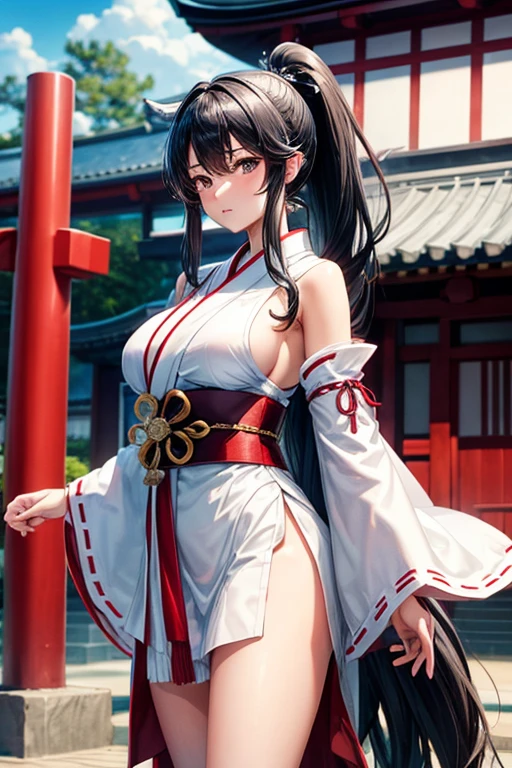 black hair ponytail、big breasts、white shrine maiden clothes、shrine