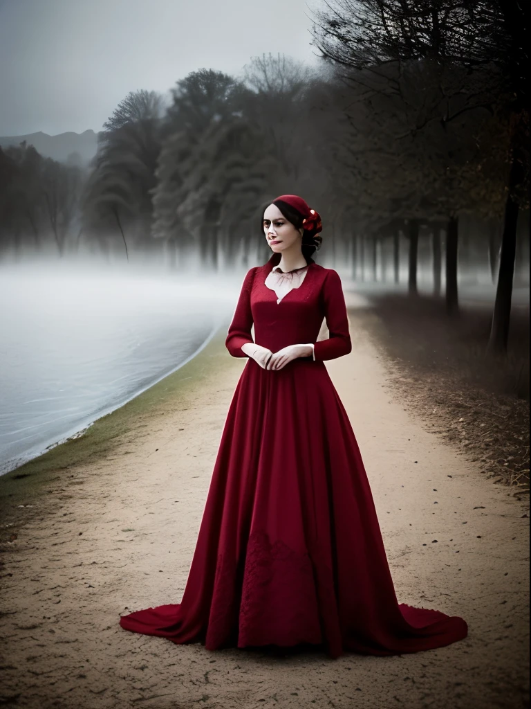 (Thirty year old) woman, standing, wearing a (floor length scarlet red Victorian dress:1.2), beautiful legs, dreamy photo, dramatic pose, looking straight at camera, intense stare, slight smile, blood red lips, dark eye make-up, beautiful landscape, Victorian gothic, gothic architecture, misty, andre kohn, Canon, (Detailed features::1.2), real life.