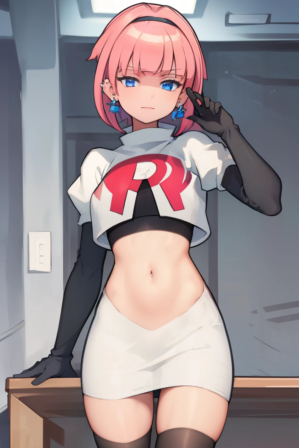 (extremely detailed CG), (best quality), perfect face, shiny skin, lustrous skin, 1girl,solo   narrow waist,  wide hips, mollie, pink hair, bangs, blunt bangs, earrings, jewelry, blue eyes, short hair, piercing,ear piercing, hairband,team rocket,team rocket uniform,white skirt,red letter R,crop top,black thigh-highs,black elbow gloves,