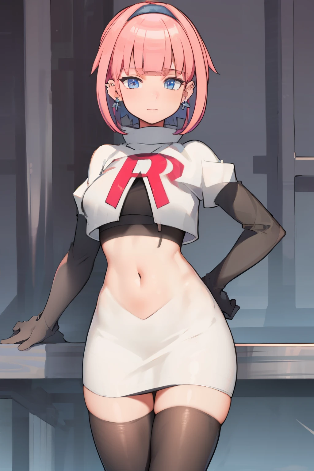 (extremely detailed CG), (best quality), perfect face, shiny skin, lustrous skin, 1girl,solo   narrow waist,  wide hips, mollie, pink hair, bangs, blunt bangs, earrings, jewelry, blue eyes, short hair, piercing,ear piercing, hairband,team rocket,team rocket uniform,white skirt,red letter R,crop top,black thigh-highs,black elbow gloves,