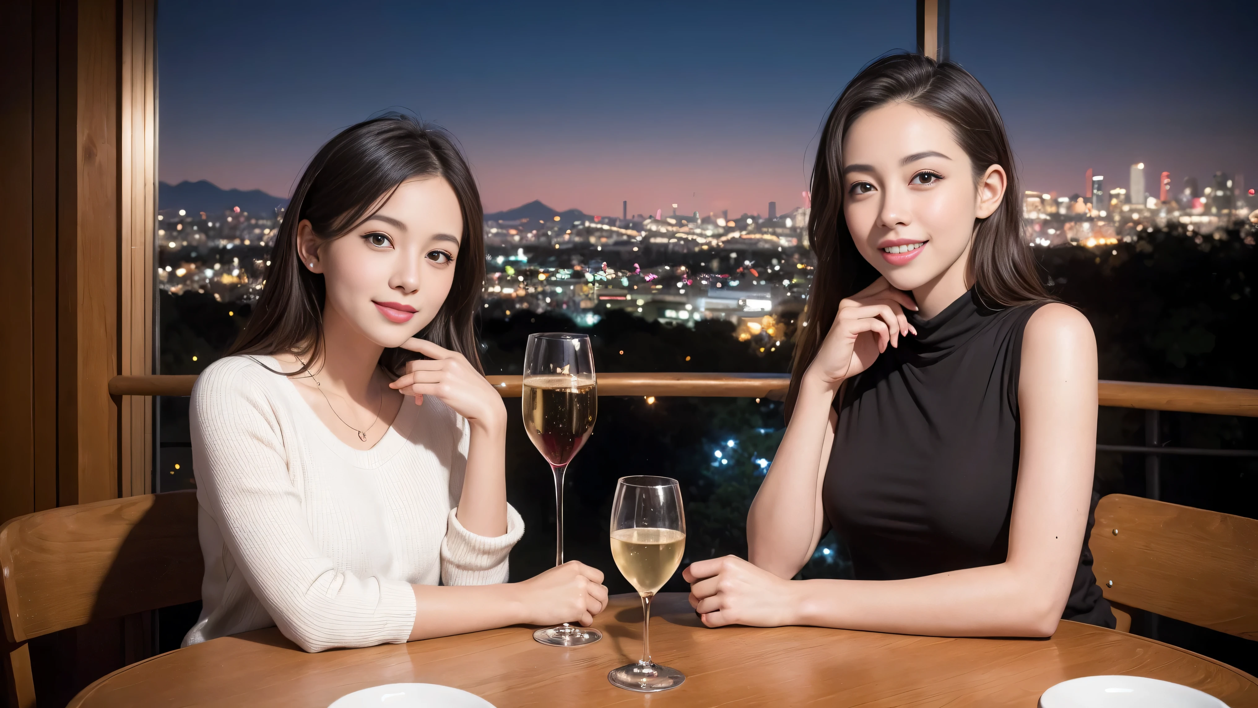 (including 64k, nffsw, highest quality, table top: 1.2), (realistic, photorealistic: 1.37), Spectacular view of the sunset sky and clouds、Amazing mountain views、long sleeve shirt、winter fashion、Columbia、Brazilian、Japanese、Dutch、German、Portuguese、Belgian、Italian、French,Champagne、sparkling wine、 (slimフェイス), (slimボティ), (brown hair), (shortcut), neat beauty、cheeks turn a little red, (35 years old), 38 years old, alone, 窓の外には美しく緻密なnight景が広がります., restaurant, wine glassが座っている, nightに, in a prominent place (from the Upper body) nova frog style, actress, model, Upper body, White wine, slim, wine glass, Super Clean night View, wine glass Put in the Middle, Happy smile, (smile: 1.15), beautiful and detailed eyes, Upper body, bust japan up, night, short, short, actress, model, Upper body, White wine, slim, wine glass, Super Clean night View, wine glass Put in the Middle, Happy smile,