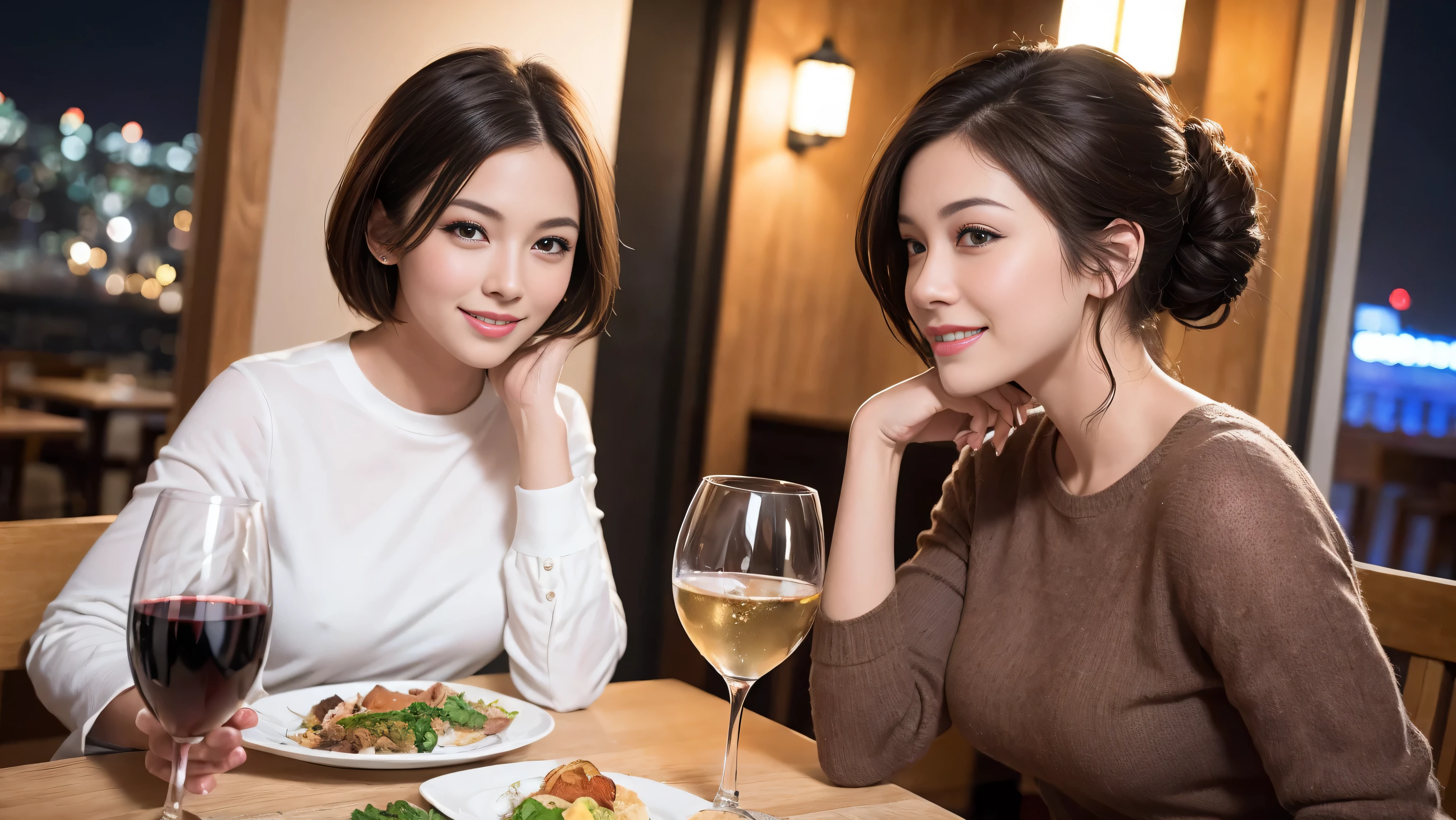 (including 64k, nffsw, highest quality, table top: 1.2), (realistic, photorealistic: 1.37), Spectacular view of the sunset sky and clouds、Amazing mountain views、long sleeve shirt、winter fashion、Columbia、Brazilian、Japanese、Dutch、German、Portuguese、Belgian、Italian、French,Champagne、sparkling wine、 (slimフェイス), (slimボティ), (brown hair), (shortcut), neat beauty、cheeks turn a little red, (35 years old), 38 years old, alone, 窓の外には美しく緻密なnight景が広がります., restaurant, wine glassが座っている, nightに, in a prominent place (from the Upper body) nova frog style, actress, model, Upper body, White wine, slim, wine glass, Super Clean night View, wine glass Put in the Middle, Happy smile, (smile: 1.15), beautiful and detailed eyes, Upper body, bust japan up, night, short, short, actress, model, Upper body, White wine, slim, wine glass, Super Clean night View, wine glass Put in the Middle, Happy smile,