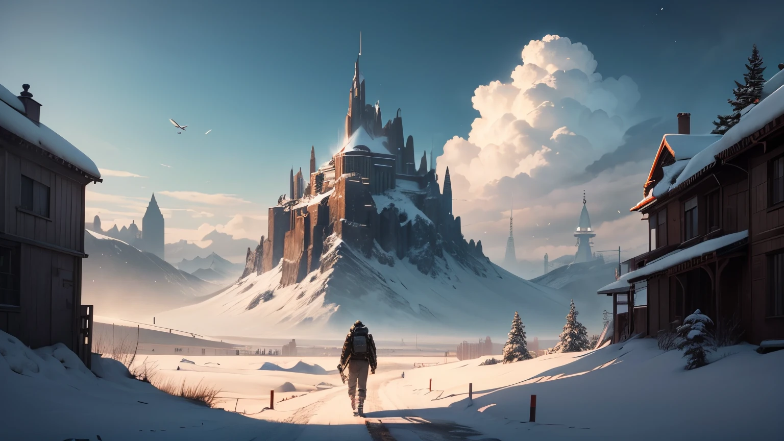 cyberpunk，huge，summer，grassland，Heaven，Large clouds，blue sky、Hot weather、HD details、Ultra-detailed、、Surrealism、soft light、Deep field focus bokeh、The vista is snow-capped mountains，Ray tracing、和Surrealism。 --v 6