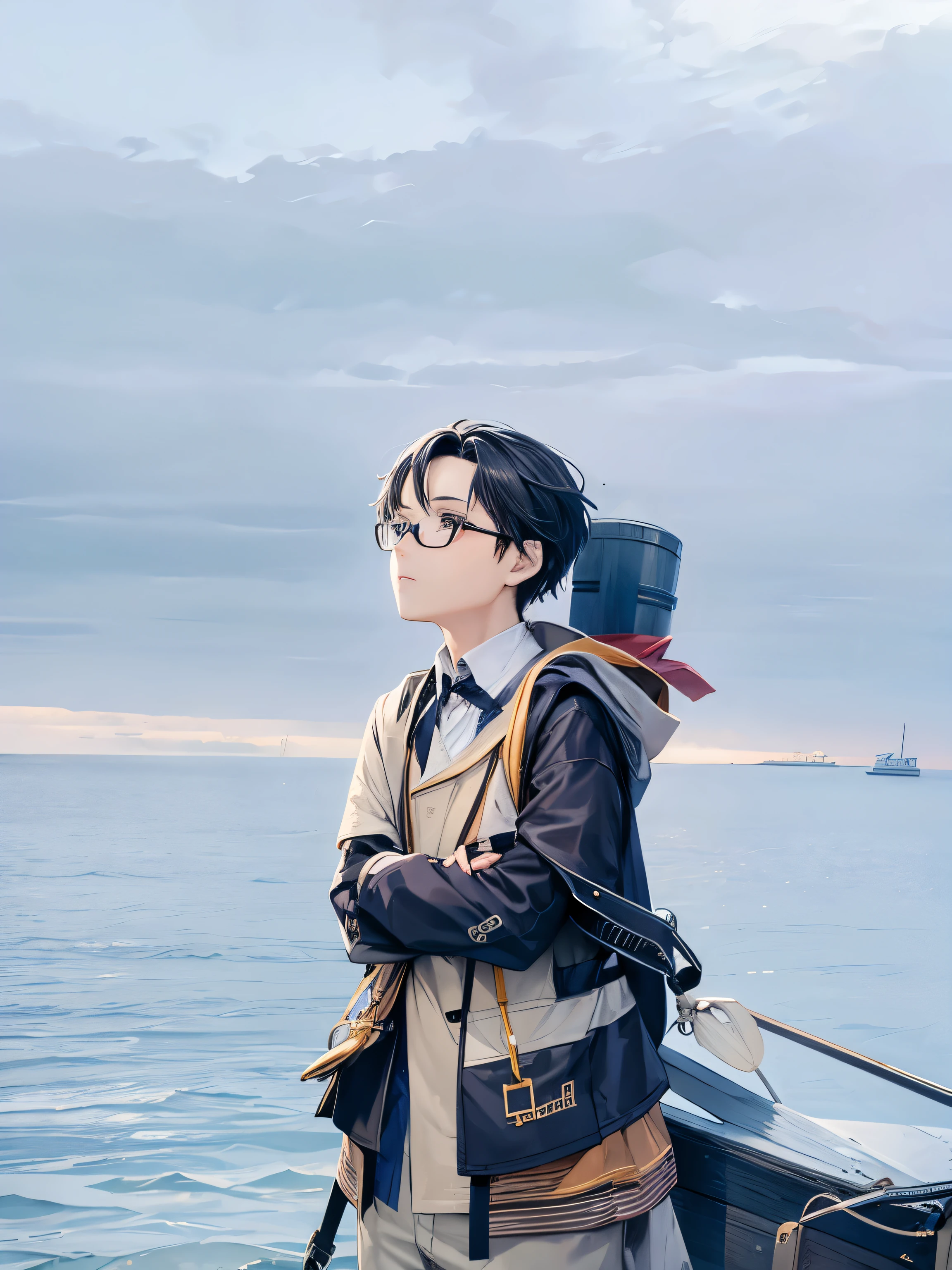 boy wearing glasses on sea boat, Lost in thought from afar, sideways ,Miss you