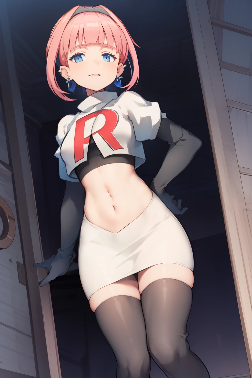 (extremely detailed CG), (best quality), perfect face, shiny skin, lustrous skin, 1girl,solo   narrow waist,  wide hips, mollie, pink hair, bangs, blunt bangs, earrings, jewelry, blue eyes, short hair, piercing,ear piercing, hairband,team rocket,team rocket uniform,white skirt,red letter R,crop top,black thigh-highs,black elbow gloves,