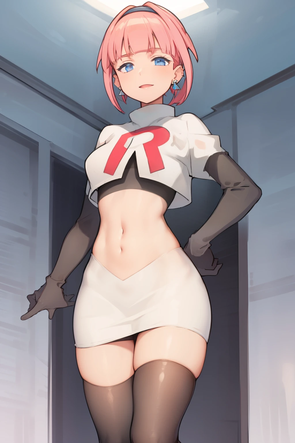 (extremely detailed CG), (best quality), perfect face, shiny skin, lustrous skin, 1girl,solo   narrow waist,  wide hips, mollie, pink hair, bangs, blunt bangs, earrings, jewelry, blue eyes, short hair, piercing,ear piercing, hairband,team rocket,team rocket uniform,white skirt,red letter R,crop top,black thigh-highs,black elbow gloves,