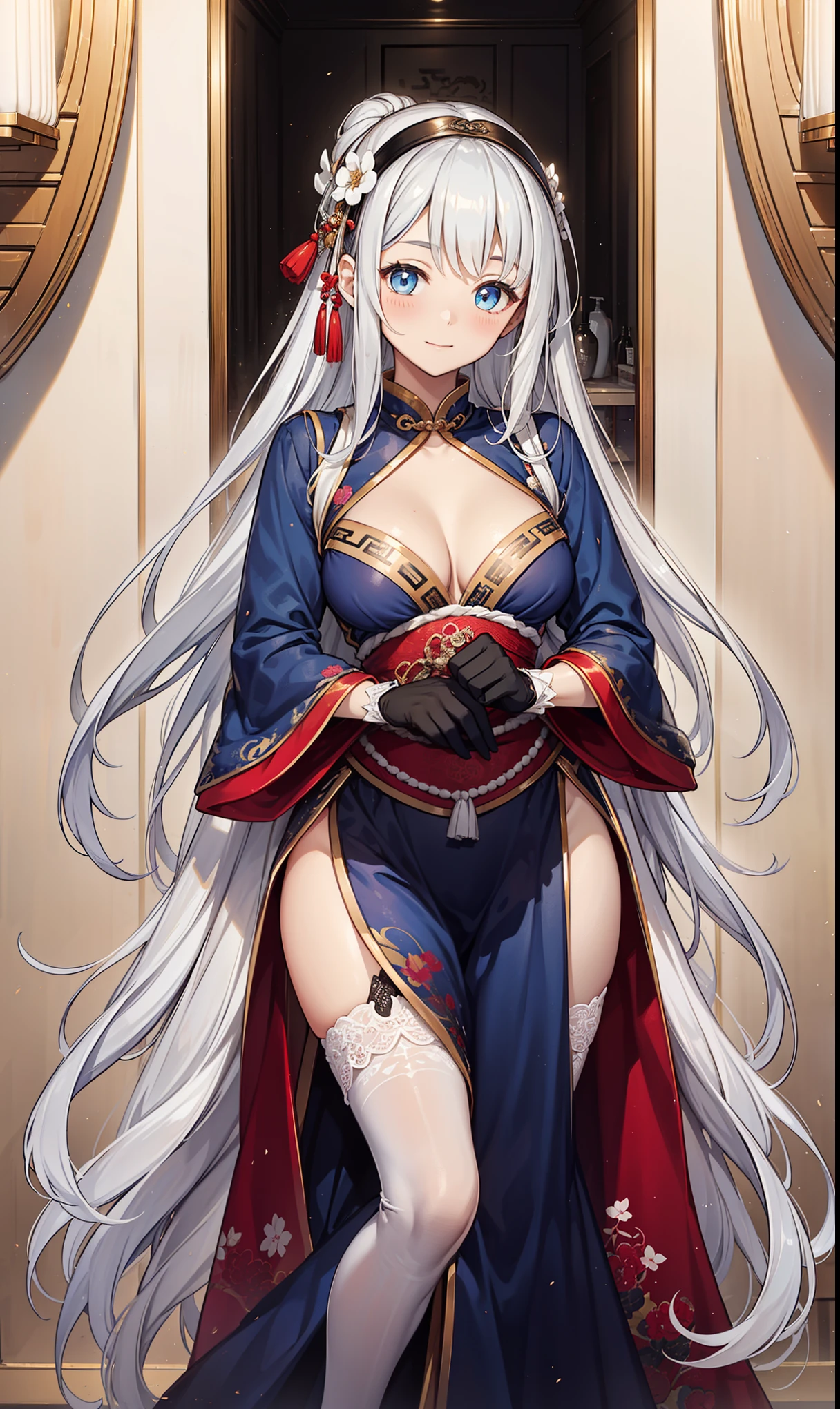 top quality,best quality,Shengya charming,happiness,gentle expression,in love,(Transparent colorful Hanfu,Exquisite and gorgeous design),black gloves,silver hair,blue eyes,Charming see-through clothes,Exquisite hair accessories,Transparent lace,Engraving pattern,dress nicely,In the background is an old Chinese palace,Inside the bathroom,elegant posture,night,(long garters:1.1),Super super details,Exquisite and beautiful face and eyes