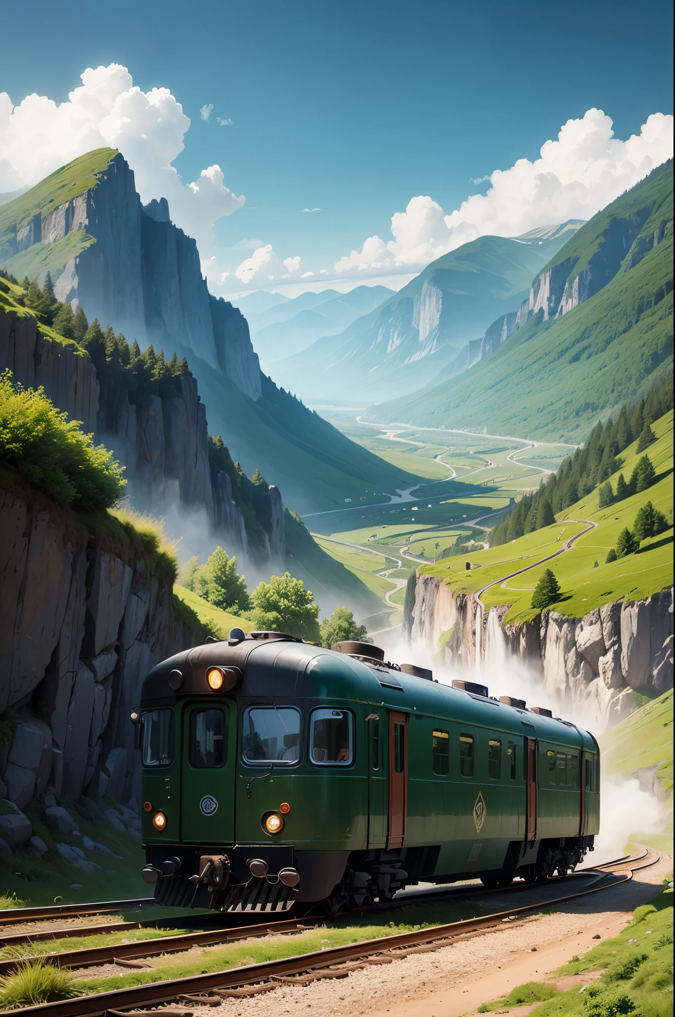 cartoon effect,Very long green leather train,Retro,steam,Traveling through the mountains