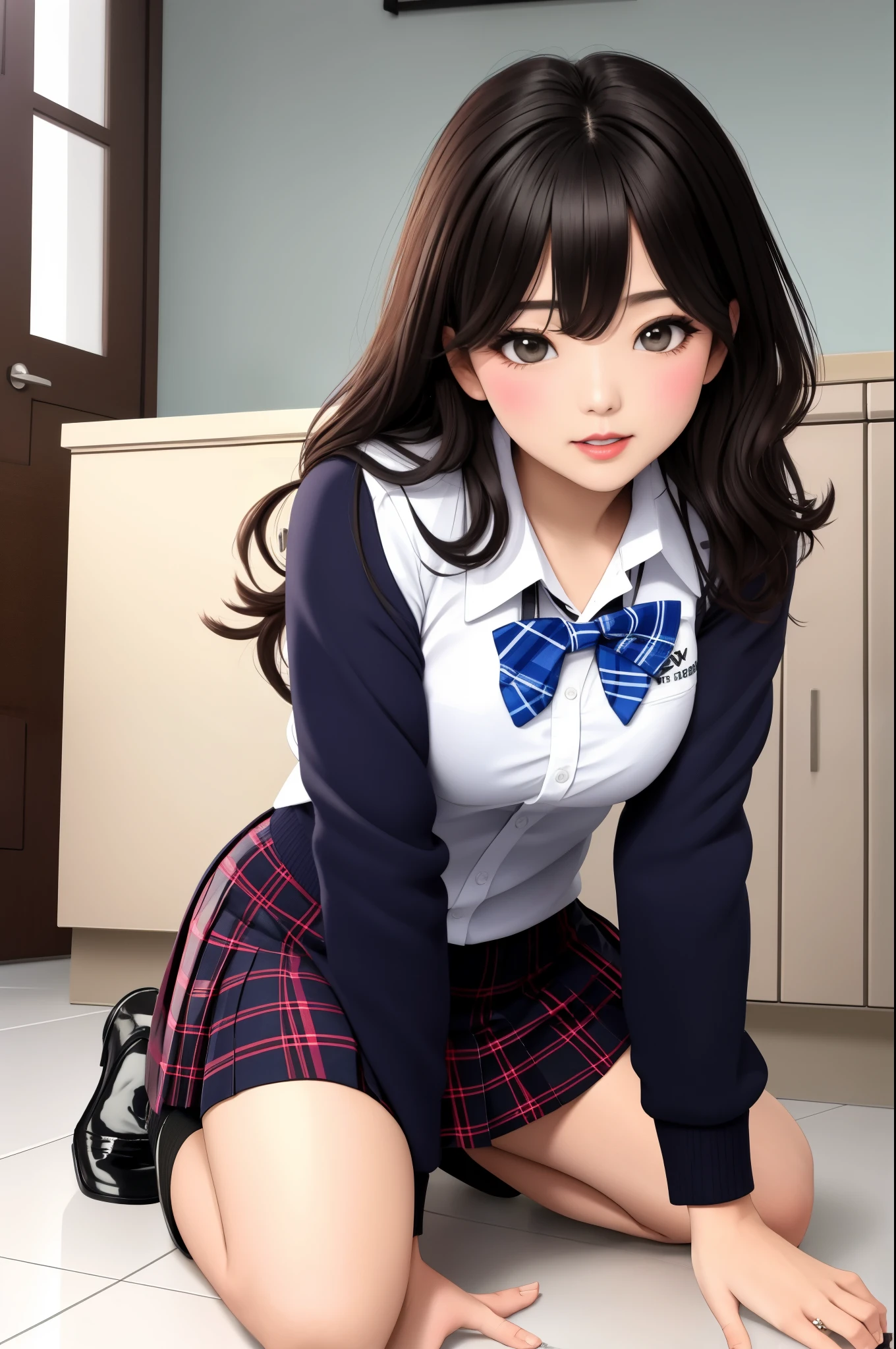 best qualityer,tmasterpiece,Ultimate resolution,downy,Extremely colorful,mature pretty woman,(JK school uniform),neck bowtie,Plaid skirts,(Beauty severed head),Normal posture,Redlip,(Kneeling pose),shackle,behead,Collar,handcuff,Anklets,(white stockingary Jane shoes,Normal posture