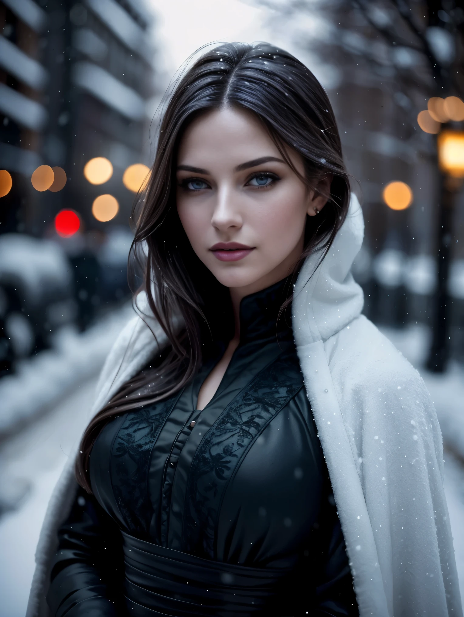 (sharp focus:1.2), photo, an ultra hot gorgeous European woman. Age 23. She’s a playmate and men magazine model. Random hair color.  (beautiful face:1.1), detailed eyes, luscious lips, (cat eye makeup:0.85), (smile:1.2), wearing (dress:1.2) on a (snowy night street:1.2). (moody lighting:1.2), depth of field, bokeh, 4K, HDR. by (James C. Christensen:1.2|Jeremy Lipking:1.1).