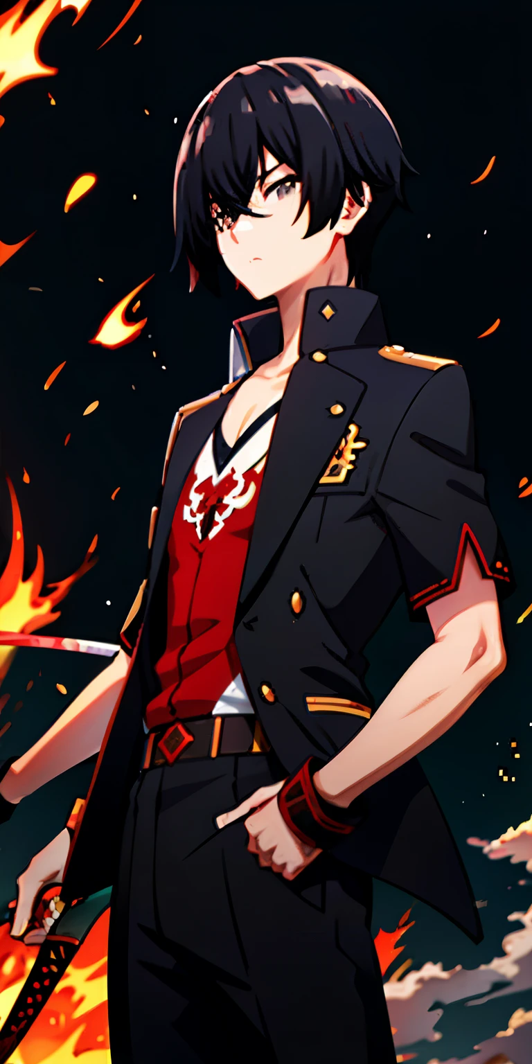 Yung boy, cid kageno, yuu otosaka, red eye, red hair, black and white shirt, fire power, black sword, devil mood 