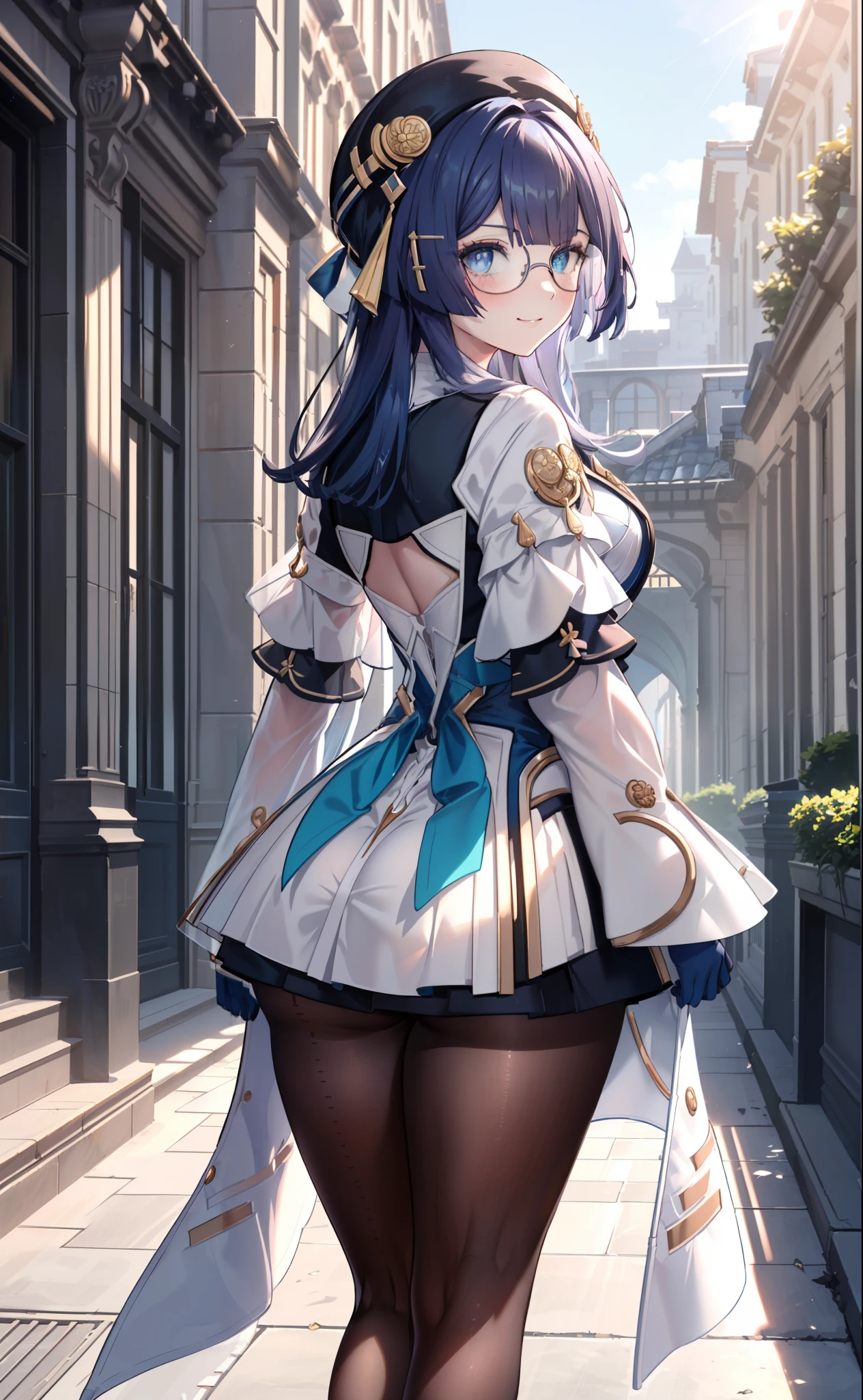 [pelaV4], ((masterpiece)), ((HD)), ((high res)), ((solo portrait)), ((back view)), ((lower-angle view)), ((ass focus)), ((beautiful render art)), ((anime)), ((detailed shading)), {woman; (cute blue eyes, short eyelashes, short blue hair, (curvy hips), (beautiful legs), (blushing), (cute smirk)}, {(knight uniform), (short white dress), (see-through pantyhose), (round glasses on face)}, {(standing), (looking back at viewer)}, [Background; (courtyard), (sunrise), (sun rays), (ambient lighting)]