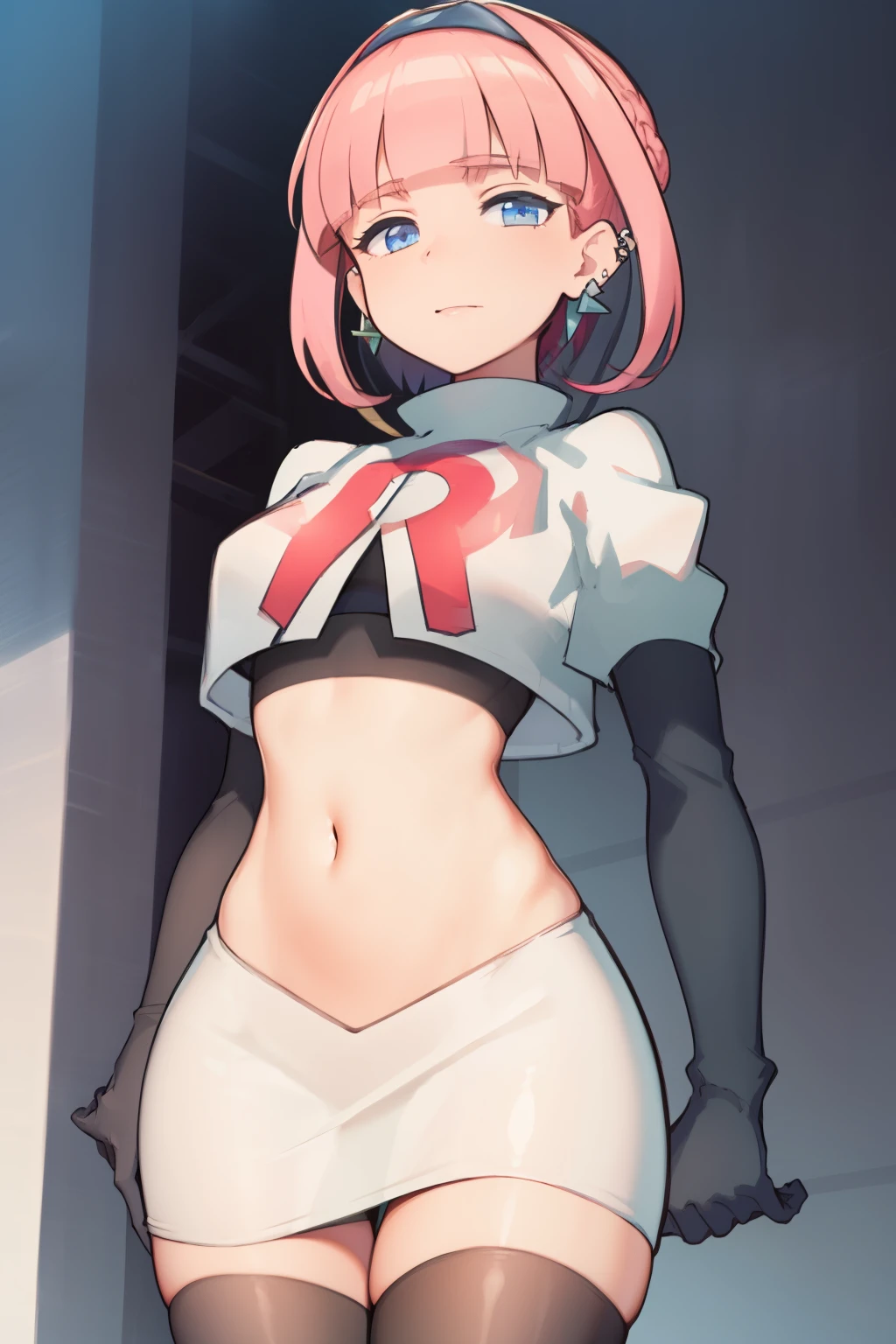 (extremely detailed CG), (best quality), perfect face, shiny skin, lustrous skin, 1girl,solo   narrow waist,  wide hips, mollie, pink hair, bangs, blunt bangs, earrings, jewelry, blue eyes, short hair, piercing,ear piercing, hairband,team rocket,team rocket uniform,white skirt,red letter R,crop top,black thigh-highs,black elbow gloves,