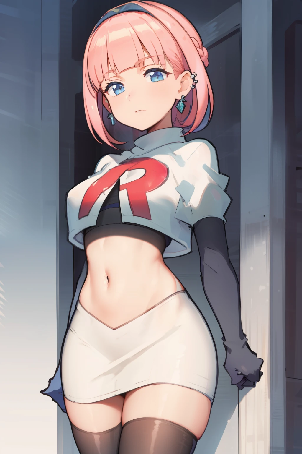 (extremely detailed CG), (best quality), perfect face, shiny skin, lustrous skin, 1girl,solo   narrow waist,  wide hips, mollie, pink hair, bangs, blunt bangs, earrings, jewelry, blue eyes, short hair, piercing,ear piercing, hairband,team rocket,team rocket uniform,white skirt,red letter R,crop top,black thigh-highs,black elbow gloves,